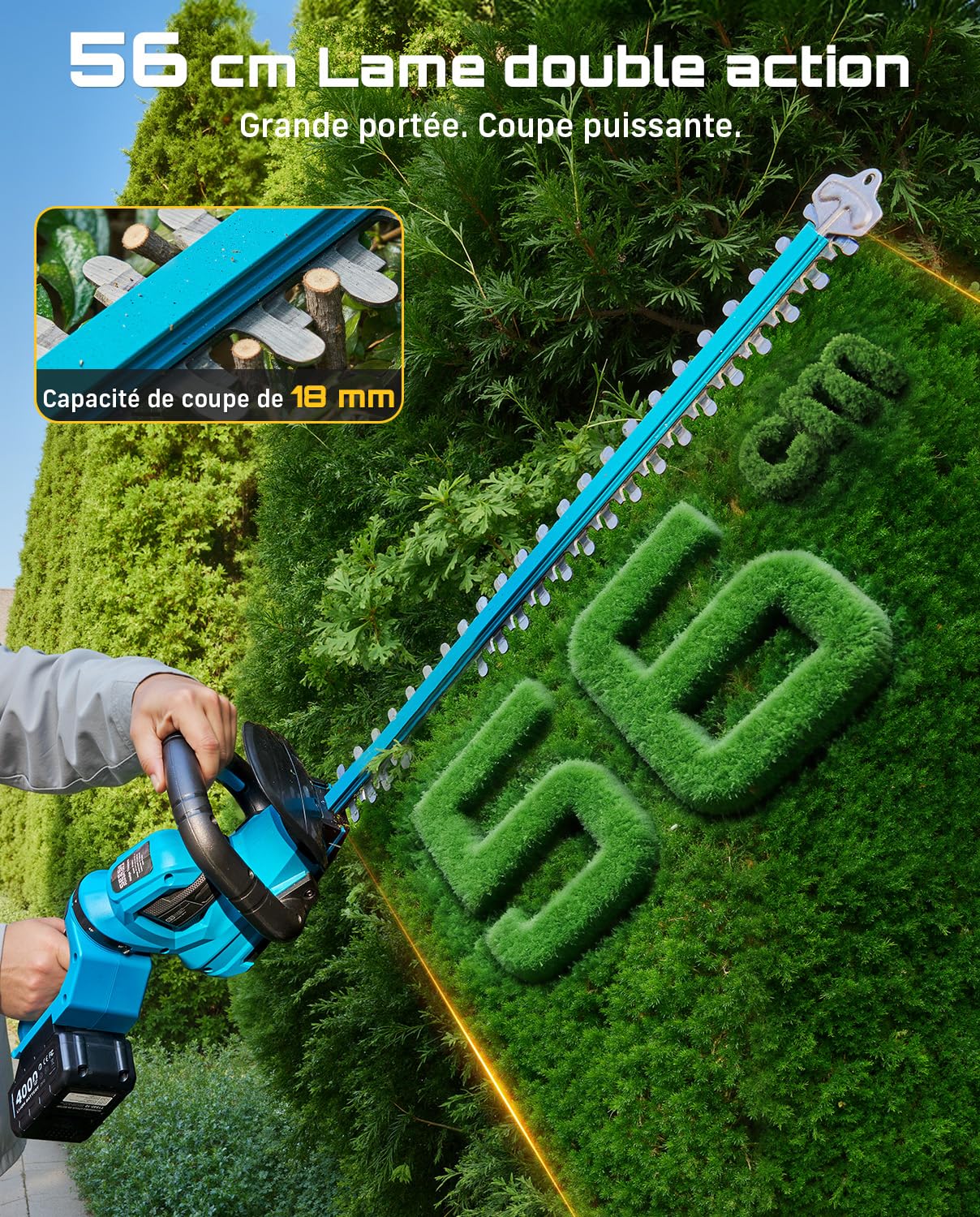 SEESII Taille Haie Électrique sans Fil 56 cm, 20V 2 Batteries 4000mAh, Poignée Rotative 180°, Écartement Lames 18 mm, Collecteur Débris
