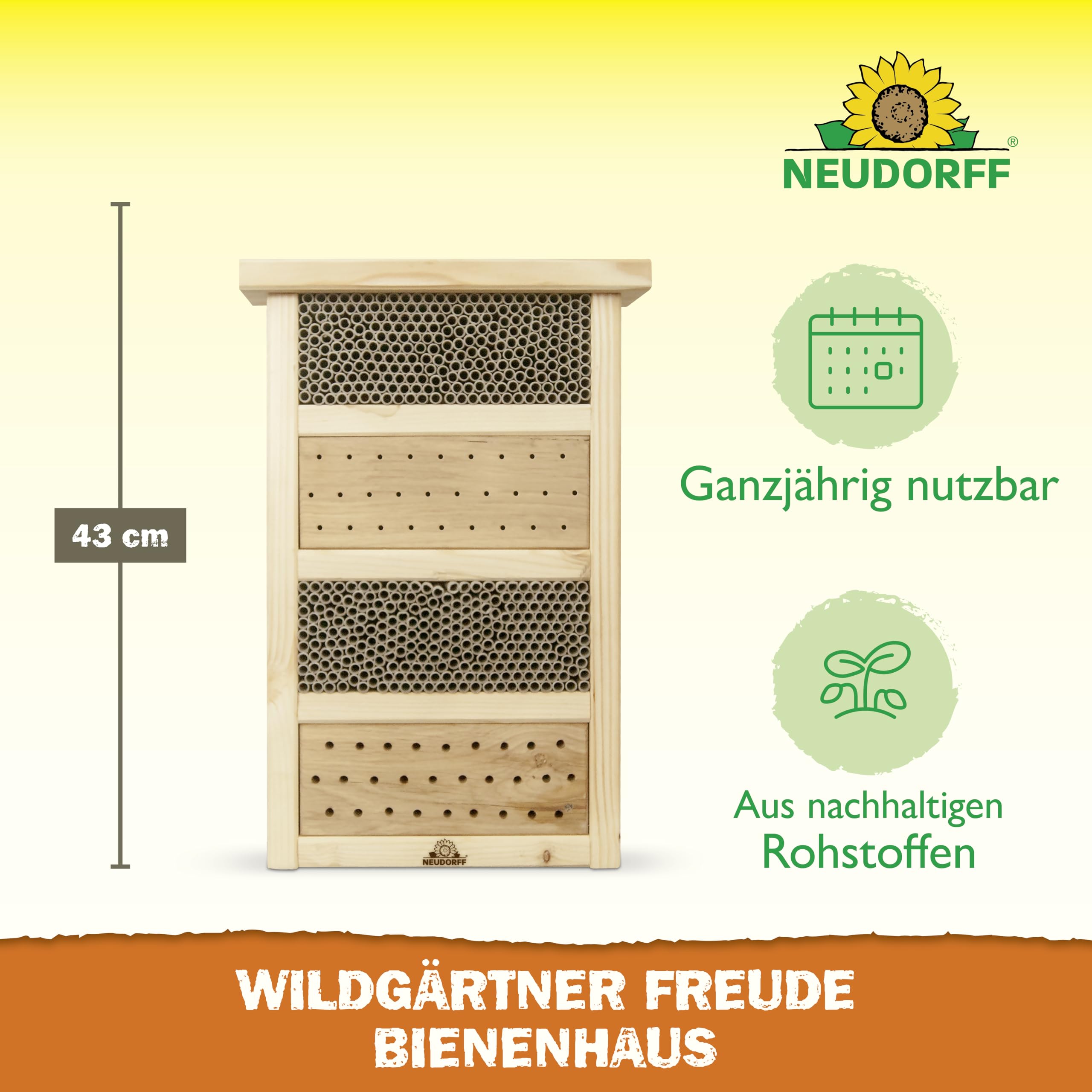Neudorff Wildgärtner Freude apiario – Fatto a mano per api selvatiche da appendere e appoggiare, resistente alle intemperie, 1 pezzo