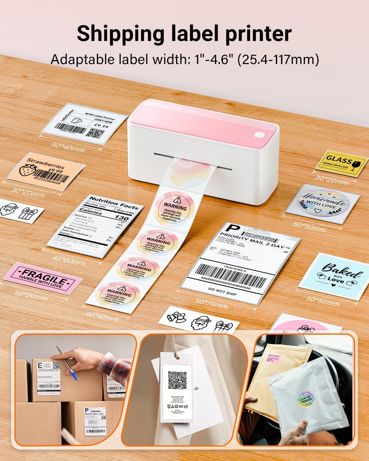 Bluetooth Thermal Label Printer 4X6 - Wireless Shipping Label Printer for Small Business & Packages - Pink Thermal Label Printer Shipping Label Makers, Compatible with iPhone, USPS, Etsy, Amazon