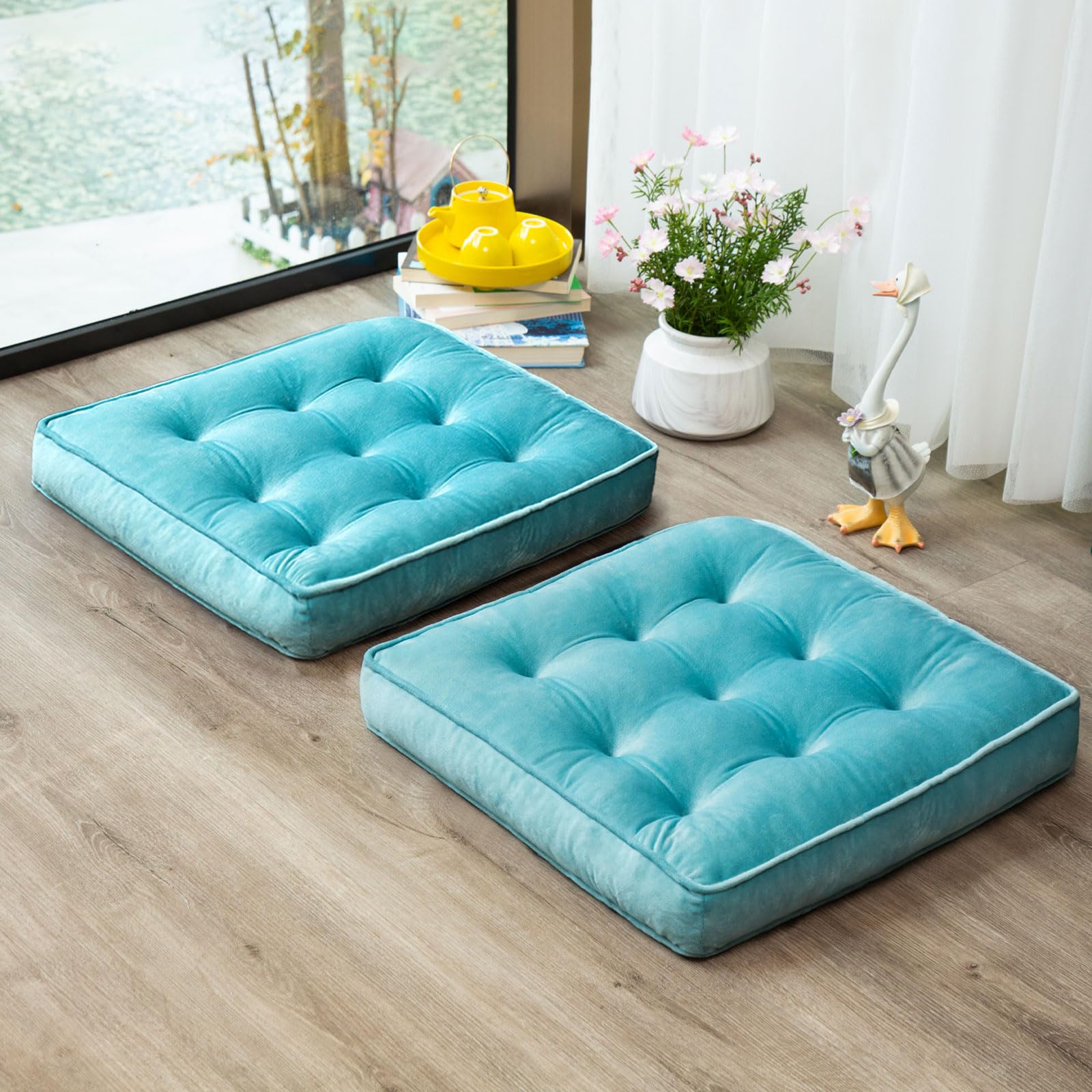 Floor Pillow Set of 2, Memory Foam Meditation Cushion, Floor Cushions for Adults Sitting, Large Square Seat Cushions for Yoga, Couch, Sofa, Kids, Living Room, 20x20 Inch (Blue)