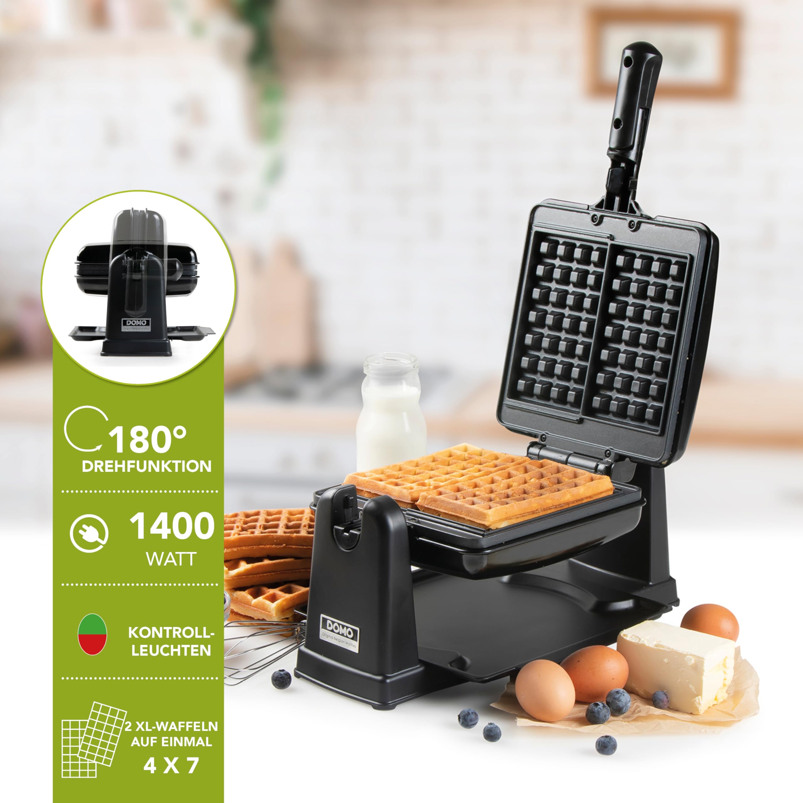 Domo DO9224W - Piastra per Waffle Belga, Rivestimento Antiaderente, 1400 W, Colore: Nero