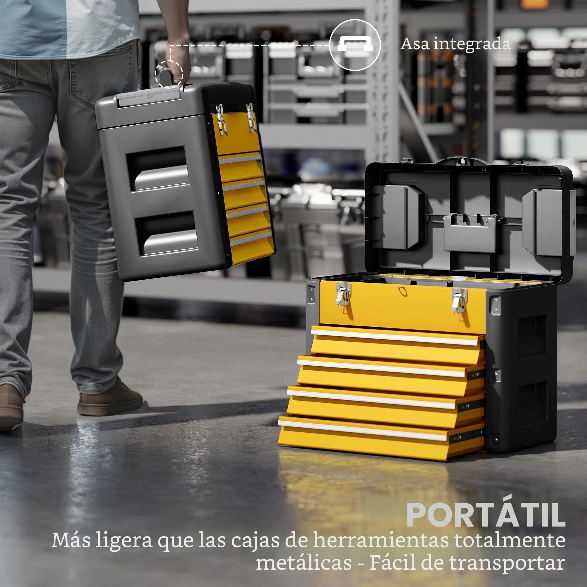 HOMCOM Caja de herramientas con 4 cajones, caja de herramientas de acero termolacado con bandeja extraíble, mini cajas, guías de bolas, asa, caja de herramientas robusta para taller y garaje, amarillo