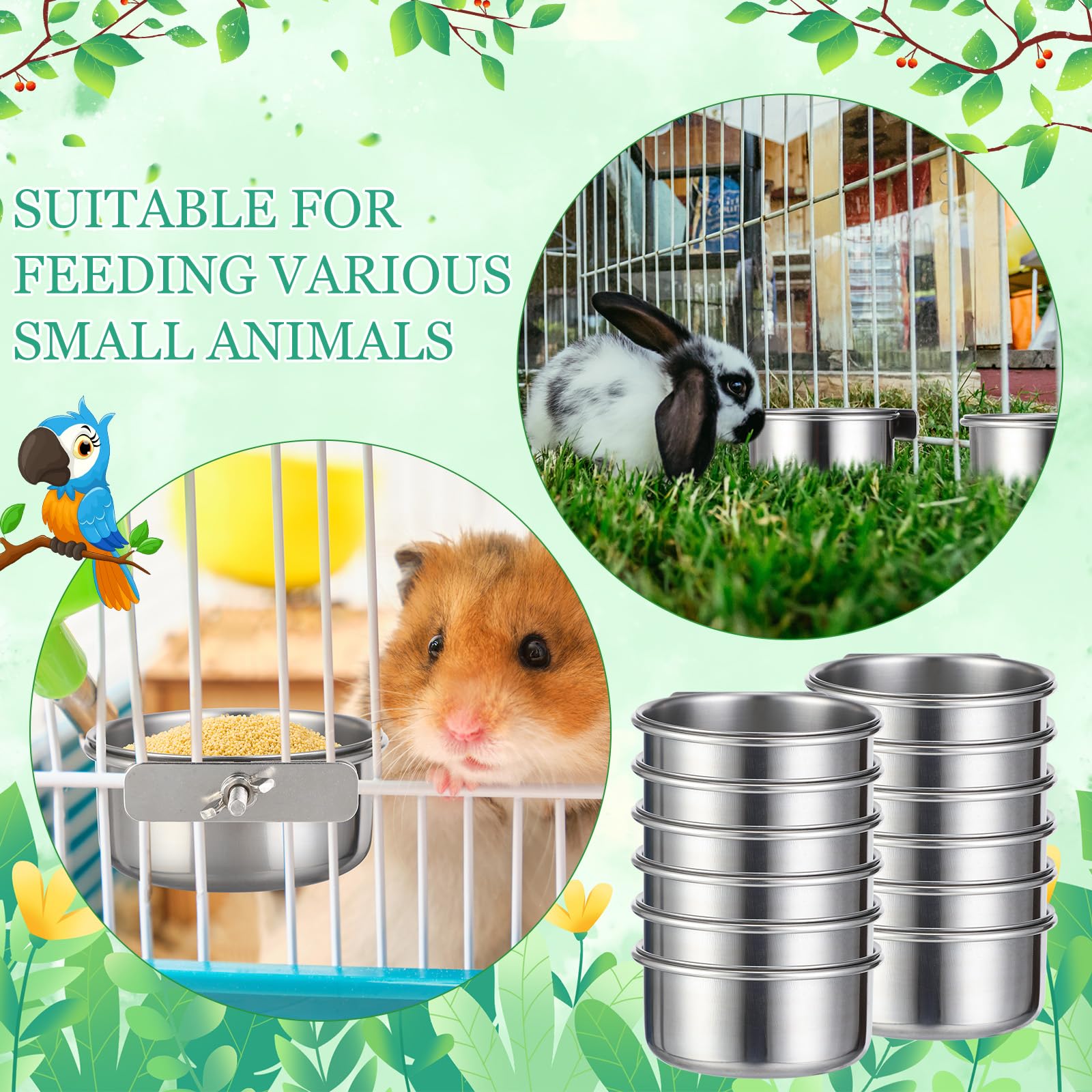 12 Pcs 10 oz Stainless Steel Bird Feeding Dish Cups Bird Feeder with Clamp Parrot Food Cups for Cage Pet Water Cage Bowls for Budgies Parakeet Cockatiel Small Animal - image 6