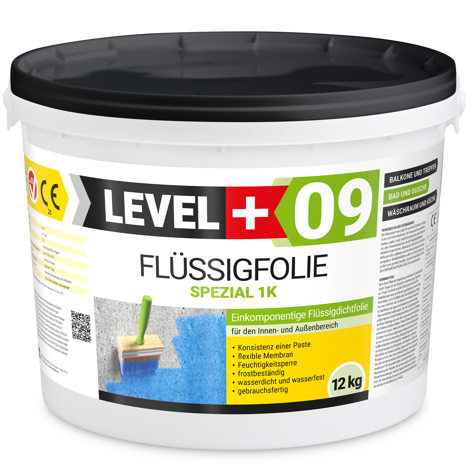 Dicht-Set 12 Kg Flüssigfolie, Tiefengrund 2 L, 15m Dichtband, 4 Innenecken, 2 Außenecke, Balkonabdichtung Terrasse Keller Bad SET60