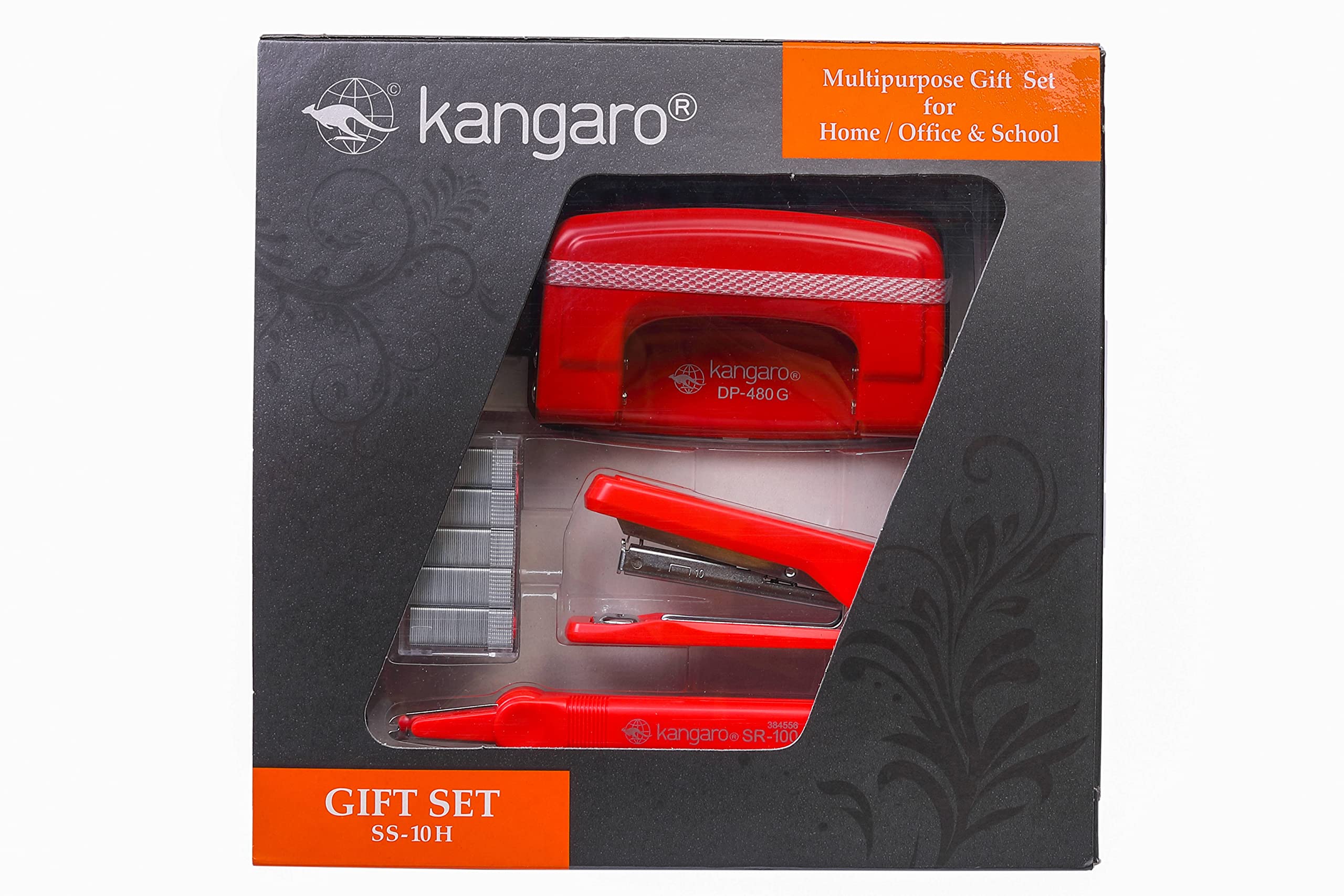 Kangaro Desk Essentials SS-10H Combo - Confezione regalo multiuso | Set regalo di cancelleria | Cucitrice, graffette, perforatrice e rimozione punti metallici | Rosso, confezione da 1 | Il colore può