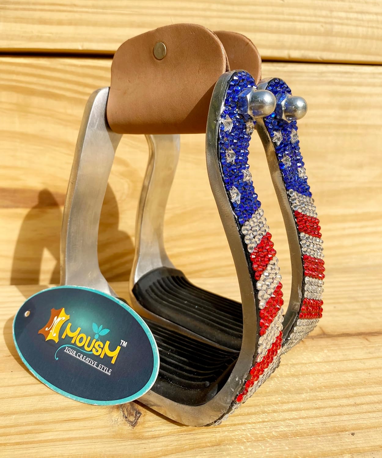 Western Aluminum Barrel Horse Stirrups for Saddle with American Flag Design and Matching Premium Stones