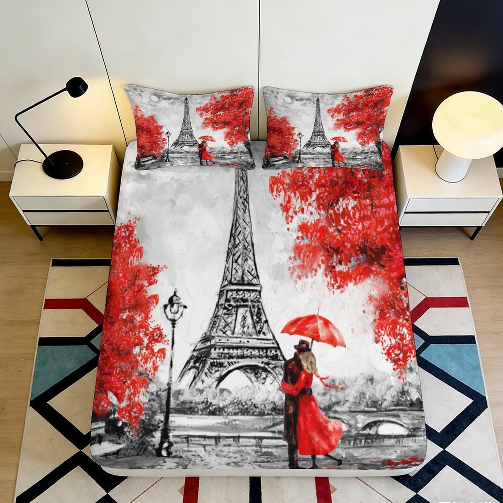 3D Printed Eiffel Tower Fitted Sheet Microfiber Deep Pocket Paris Scenery Mattress Fitted Cover Bedroom Protection 200x200x25cm