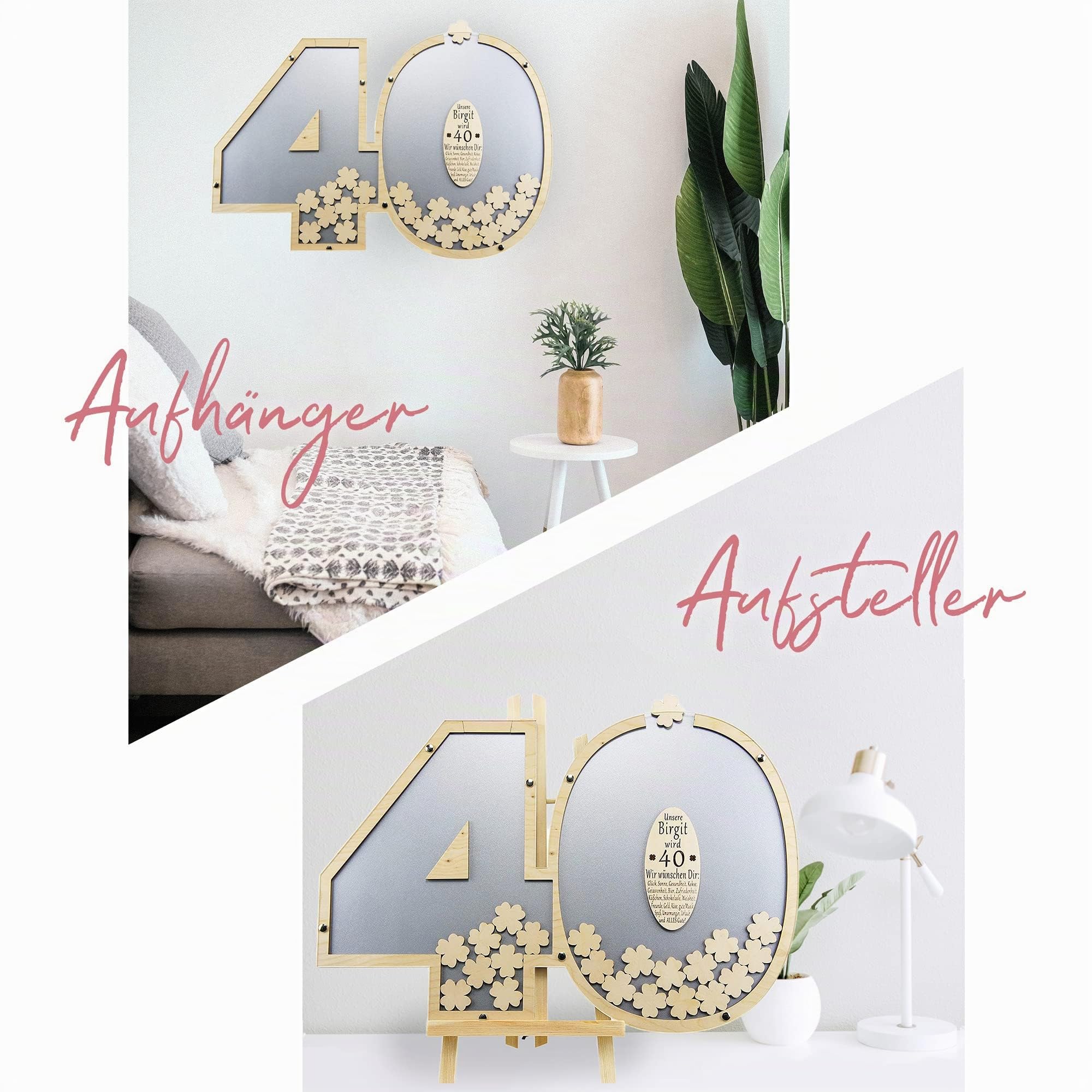 Gästebuch personalisierbar mit Holzzahlen 40 | 40x60cm in Grau | Holz Kleeblätter zum Beschriften - Geburtstag Geschenk für Frau & Mann - 40. Geburtstag | Made in Germany