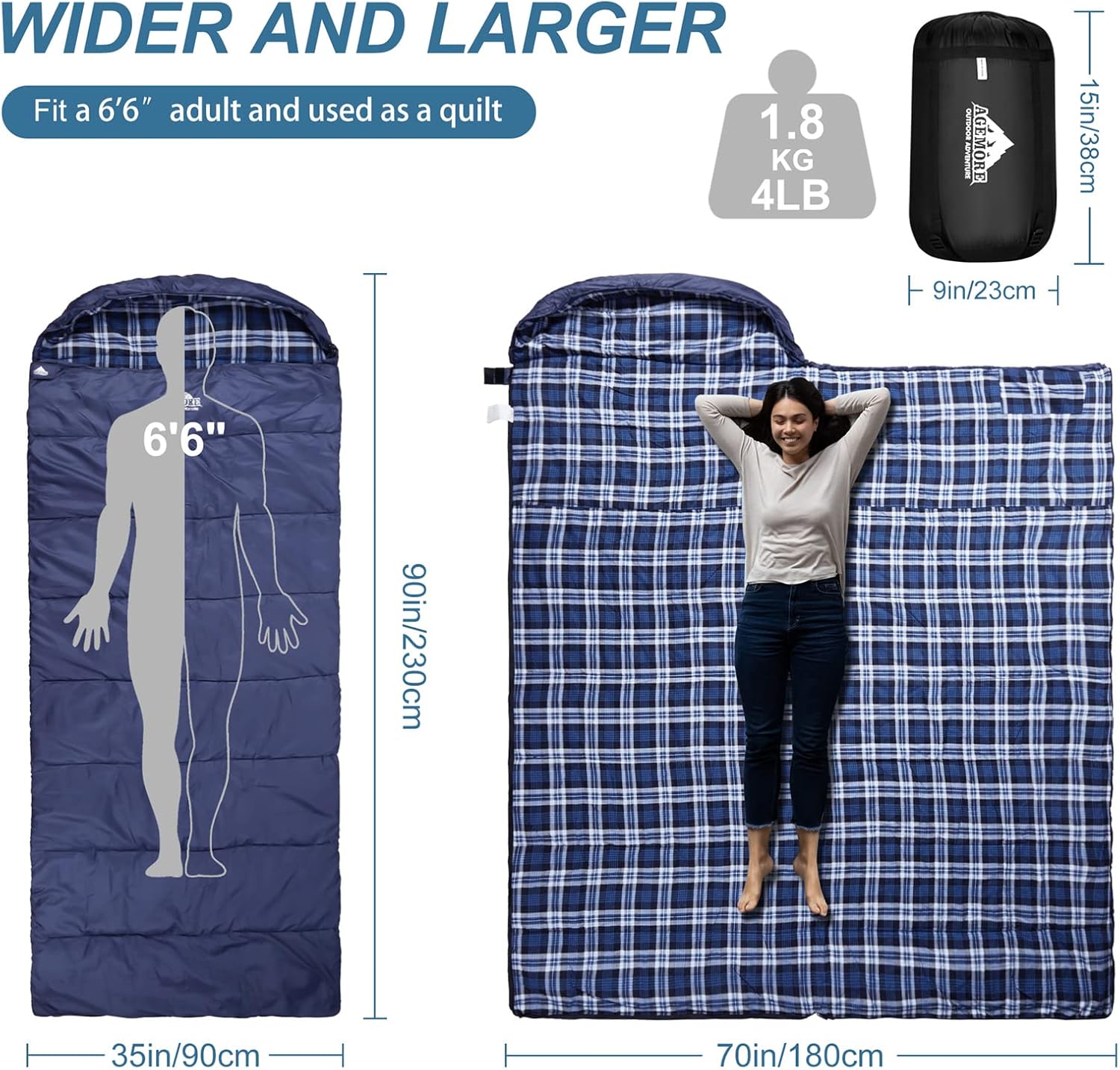 Cotton Flannel Sleeping Bag for Adults, Lightweight XXL Cotton Sleeping Bag for Camping Backpacking or Hiking, Water Resistant 3-4 Season Sleeping bag for Warm & Cool Weather