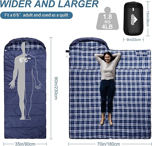 Miniatura 6 de Saco de dormir de franela de algodón para adultos, ligero y resistente al agua para climas cálidos con forro 100% algodón, ideal para acampar,