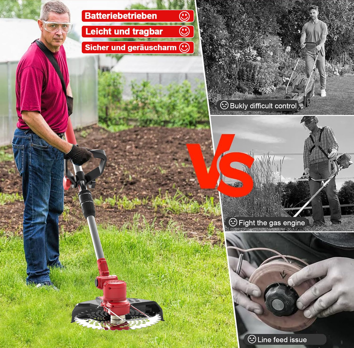Rasentrimmer mit Akku und Unkrautbürste,21V Akku Rasentrimmer für Makita Akkus,Inkl 2X4.0Ah Akku & Ladegerät,5 Klingentypen Akku Freischneider,90° Drehkopf,für Garden Trimmen,Rot
