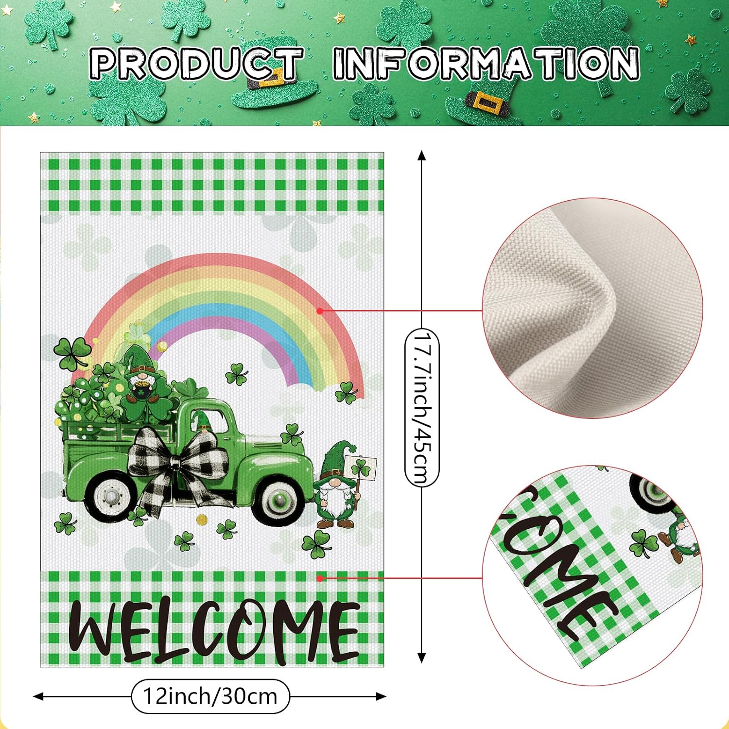 St Patrick's Day Garden Flag, 12x18 Inch Lucky Clovers Bow Double Sided Flag for Courtyard Decoration, St Patrick's Day Cute Truck Gnome Outside Banner Party Decorations for Home