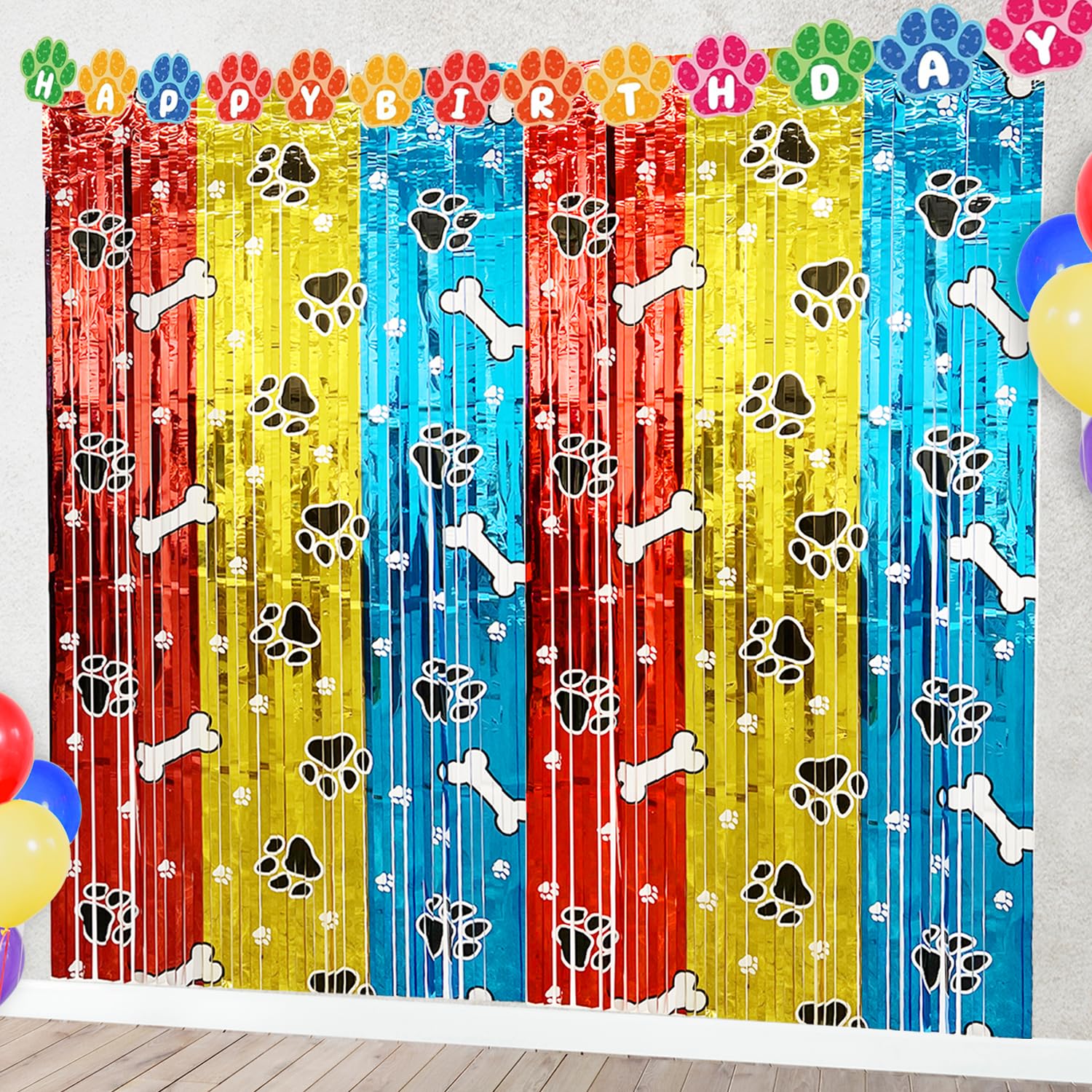 2er-Set Hunde-Party Folienvorhänge – Metallic Tür- & Wanddeko mit Pfoten- und Knochenmotiv für Kindergeburtstag, Jungen Motto-Party, Foto Hintergrund & Tier-Mottoparty