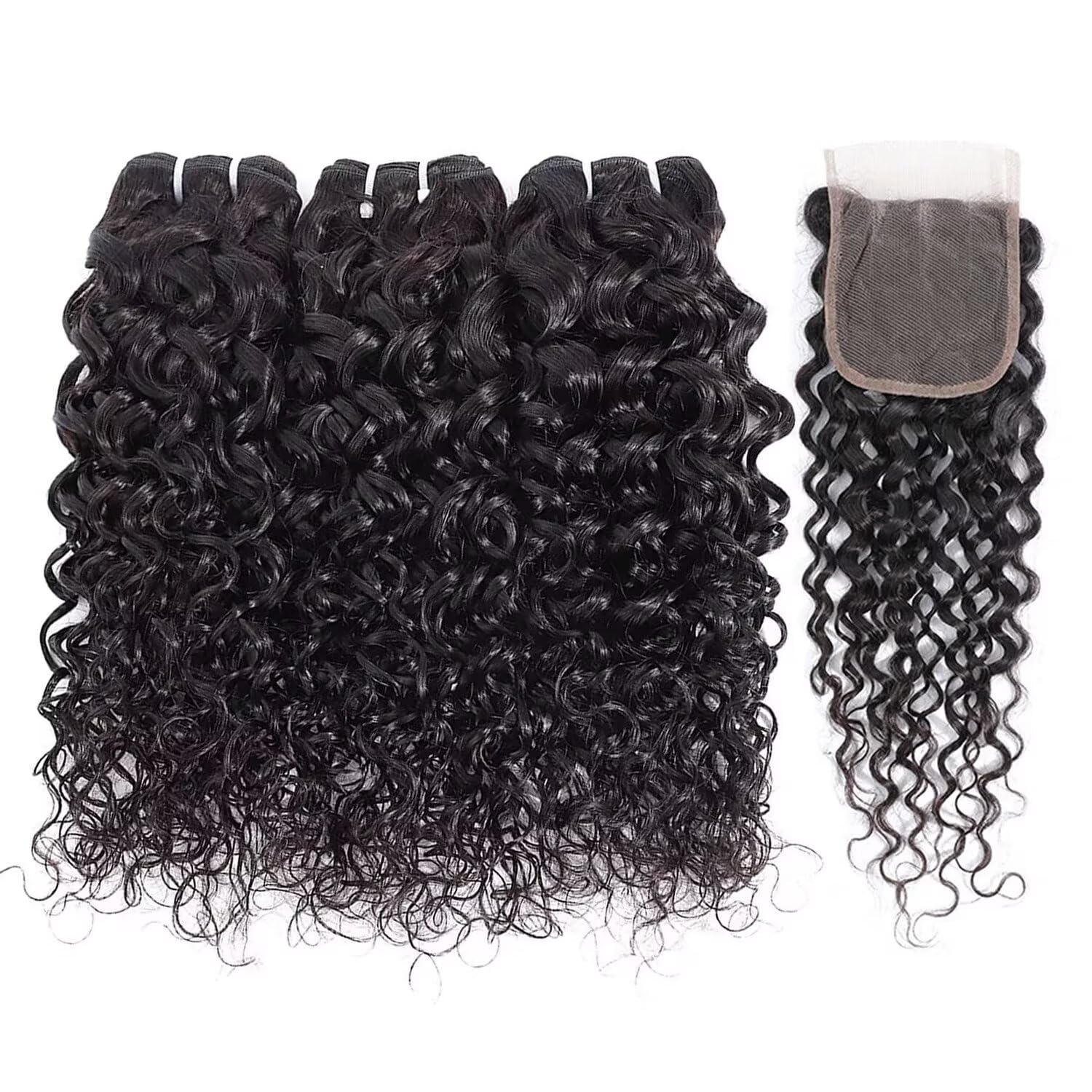 Paquetes de cabello humano rizado brasileño Water Wave Human Hair Bundles With Closure Natural Humano Cabello Humano Ondulado Color Negro Nnatural 3 Bundles total 330g 22 24 26+20 pulgadas