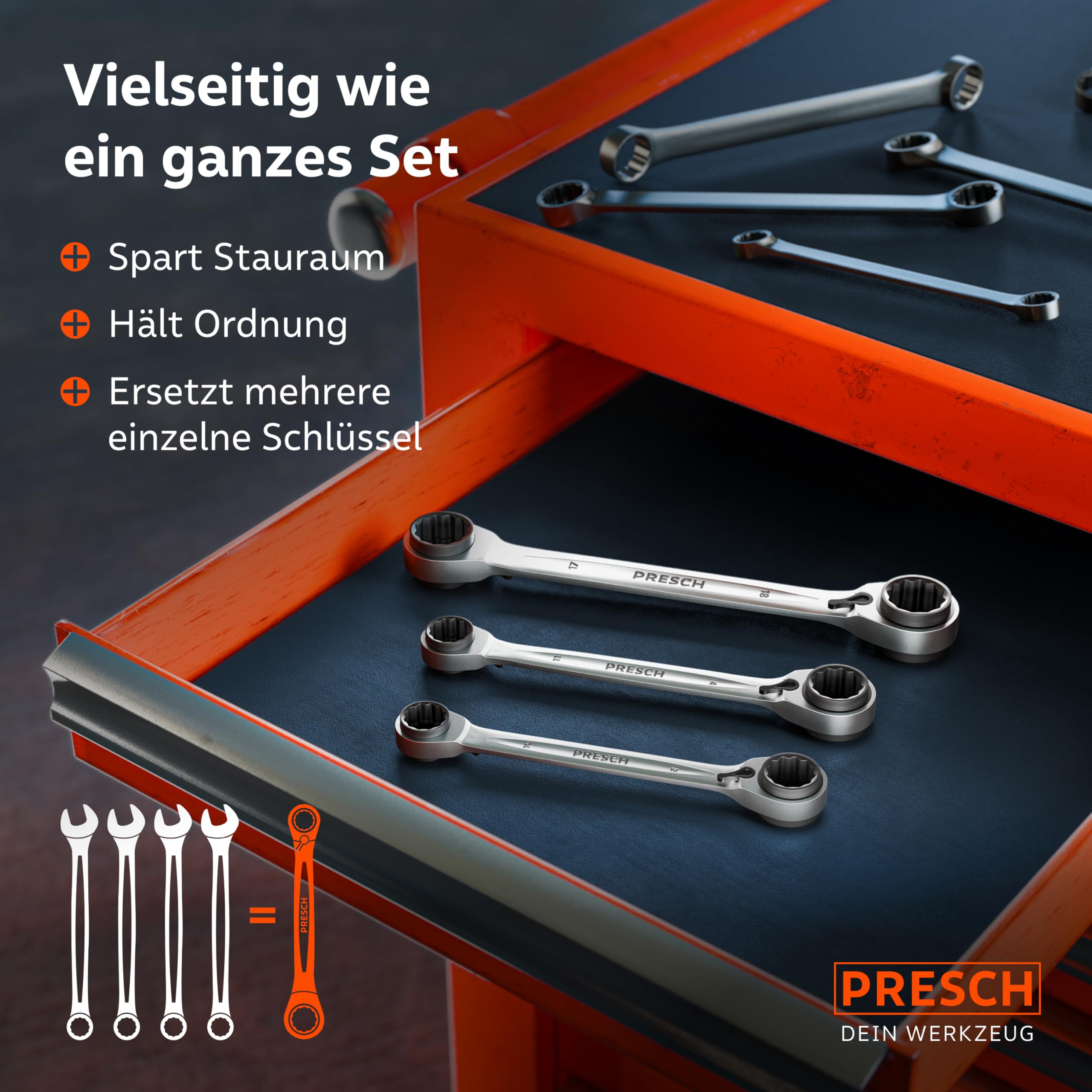 PRESCH 4 in 1 Ratschenschlüssel Set 3tlg. (8-19mm) inkl. Tasche - Umschaltbare Ratschenfunktion - Ringratschenschlüssel mit 90 Zähnen & 4° Rückholwinkel - Robuste Ratschenringschlüssel
