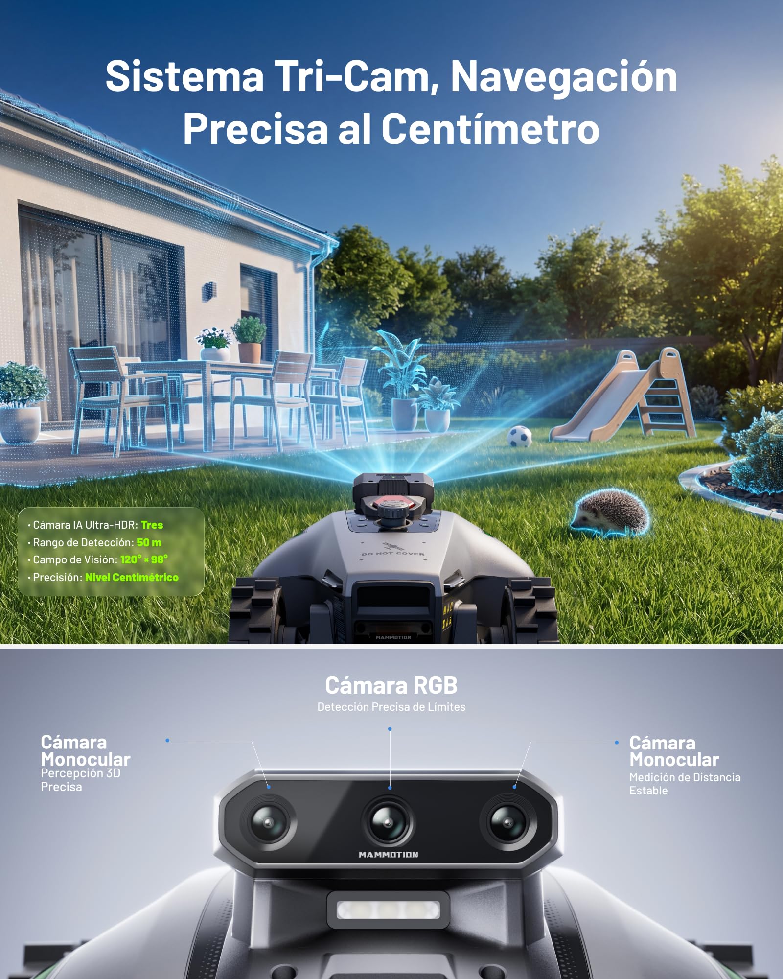 MAMMOTION YUKA Mini 2 500 Robot Cortacésped sin Cable Perimetral, Sin Señal Perdida, Sin RTK, Visión AI Tri-CAM, DropMow, Pendientes hasta un 45%, hasta 500㎡, Mapeo Automático Multi-Zona