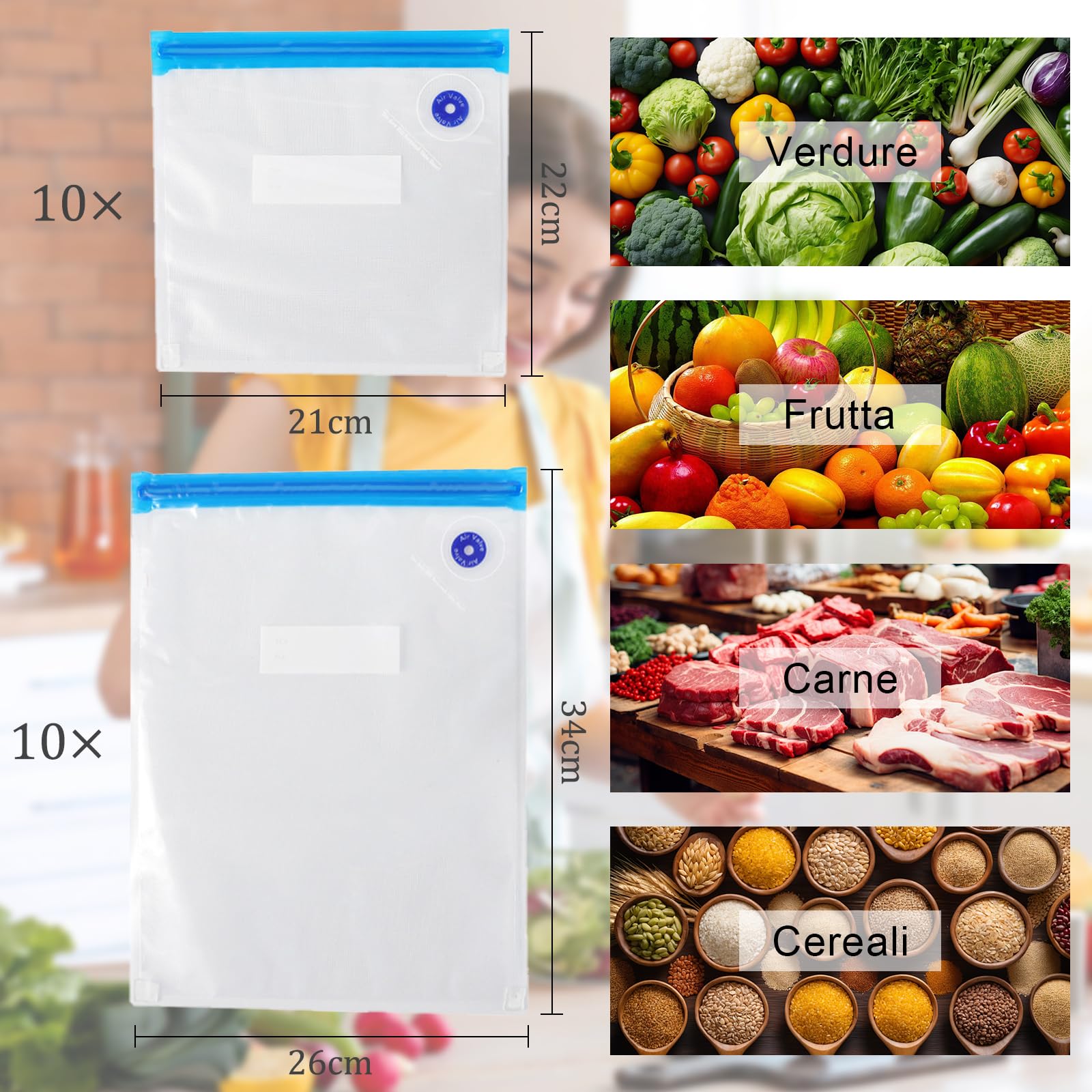 20-pezzi Sacchetti Sottovuoto Alimenti: Buste Sottovuoto Alimenti con Valvola Riutilizzabili Senza BPA - per la Conservazione Degli Alimenti - Cucine Domestiche e Picnic(21x22/26x34cm)