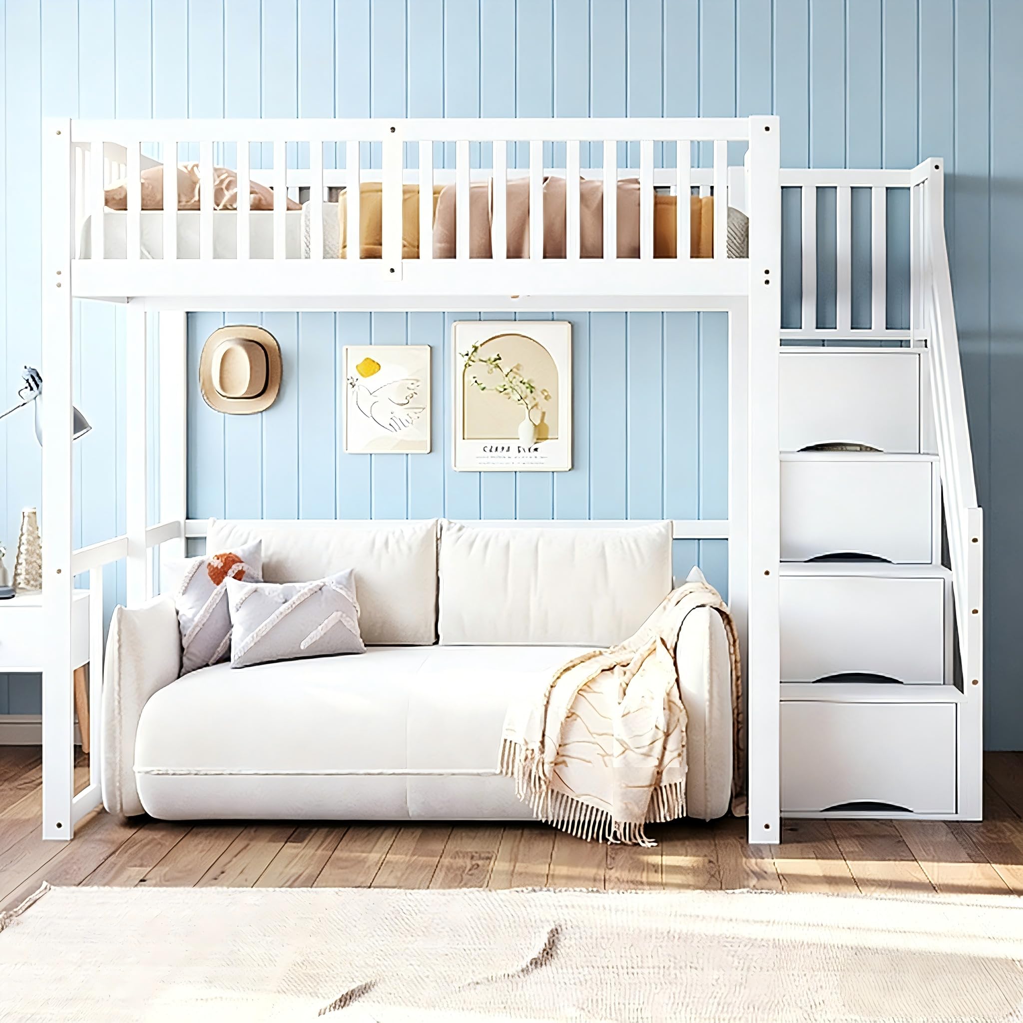 Soweiz Letto a soppalco con scala di sicurezza con vano portaoggetti, bordo di sicurezza, telaio in pino massiccio, adatto per bambini, adolescenti e adulti, 140 x 200 cm (bianco)
