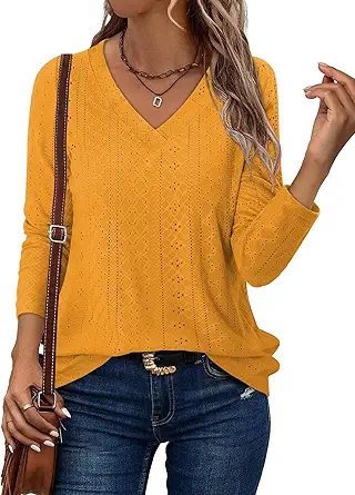 KISSMODA Long Sleeve Fall Shirts For Women V Neck Tunic Tops Embroidered Button Down Knitted Blouses 2025