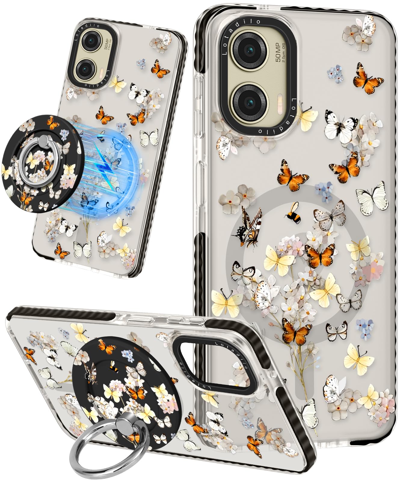 Lotadilo Cute Case for Moto G Stylus 5G 2024 for Women Girls - Funny Butterfly Flower Design Compatible with Magsafe Ring Holder Magnetic Stand