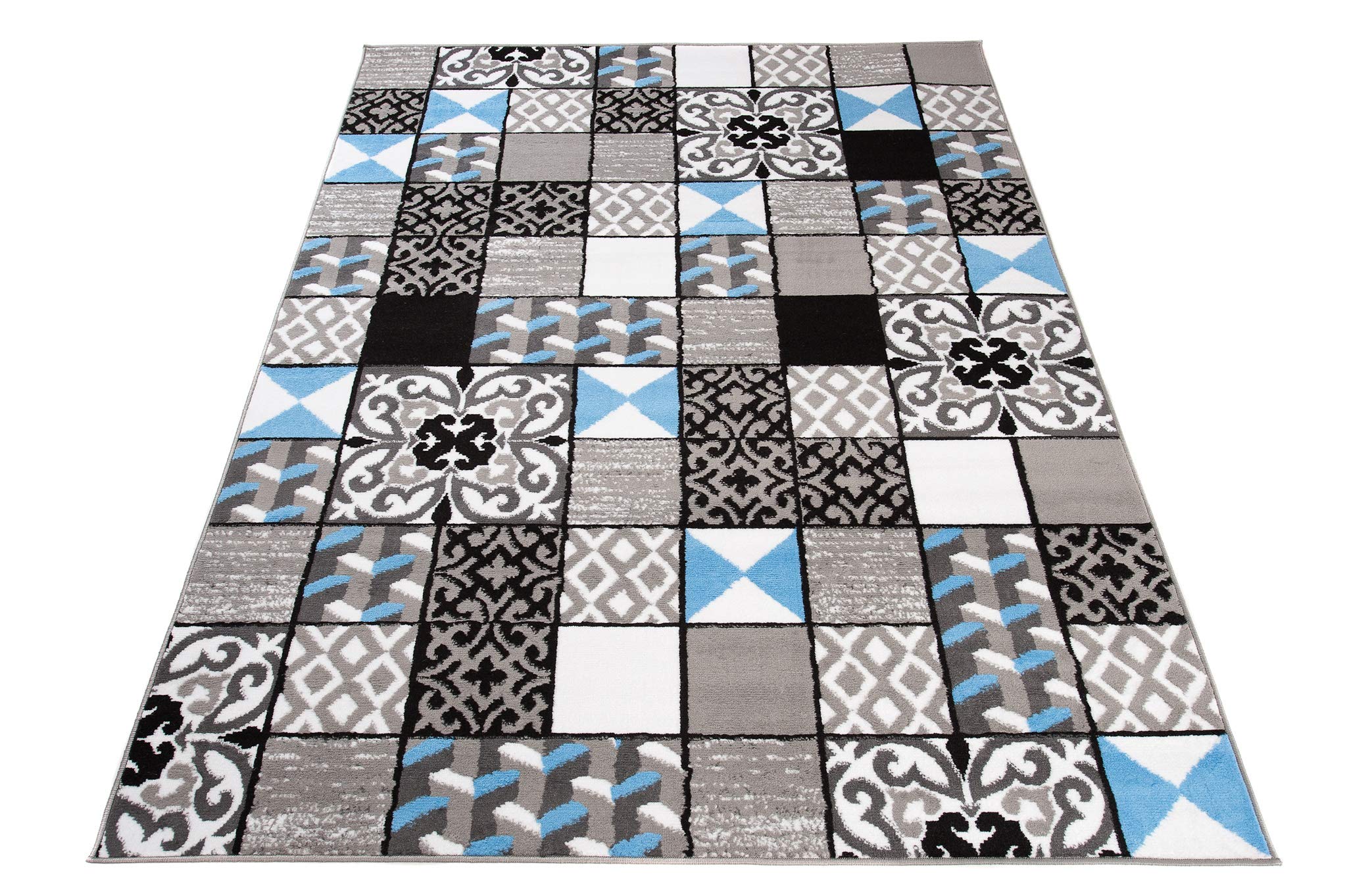 TAPISO Maya kolekcja dywanów do salonu, z krótkim włosiem, kolor niebiesko-szary, biały, czarny, geometryczny, nowoczesna mozaika, karo, kwiaty, paski, do sypialni, Ökotex 130 x 190 cm