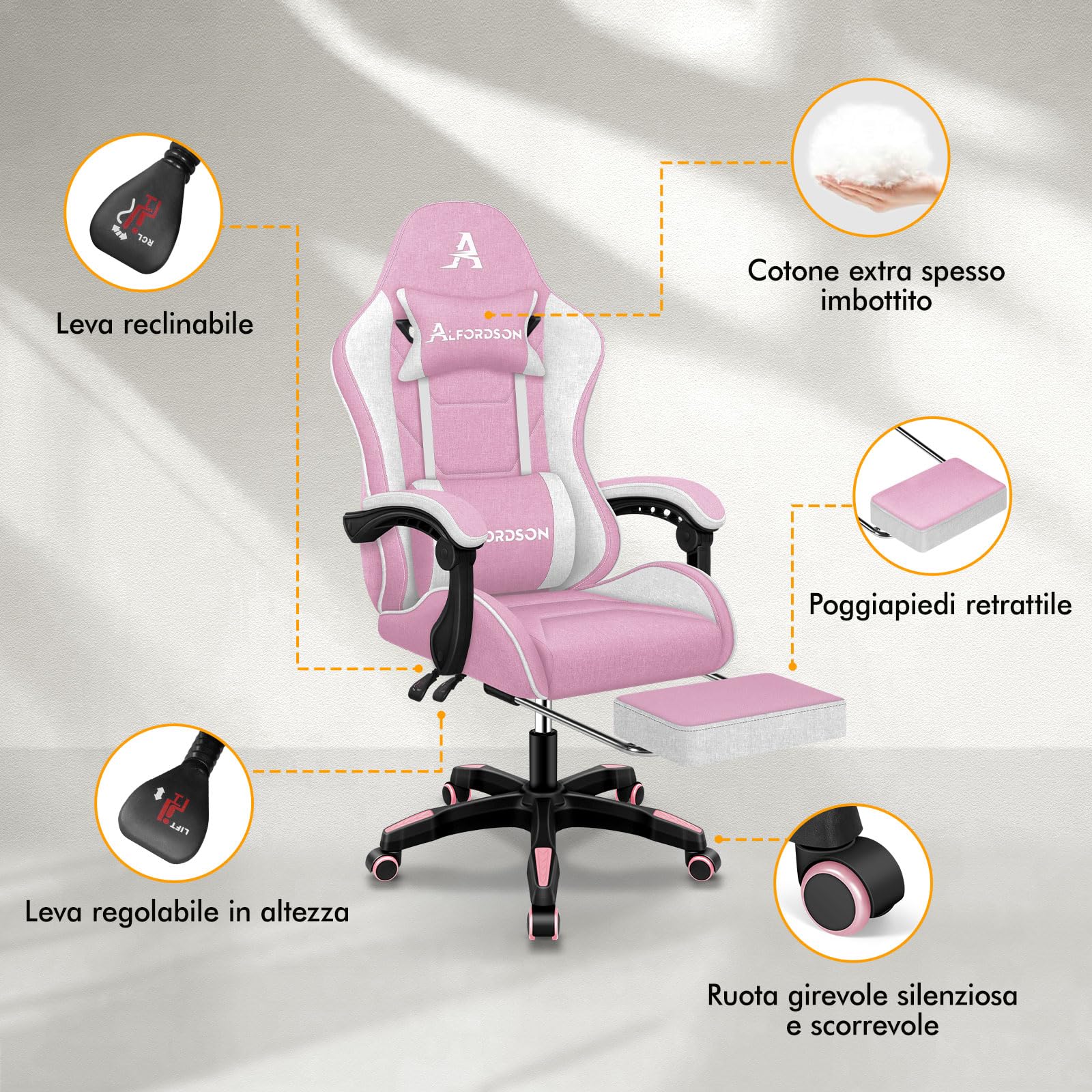 ALFORDSON Sedia Gaming Massaggiante con Poggiapiedi da Case Bianca e rosa | Poltrona Gamer in Tessuto Serie THOR, Schienale regolabile, con supporto lombare e poggiatesta, portata 180 kg