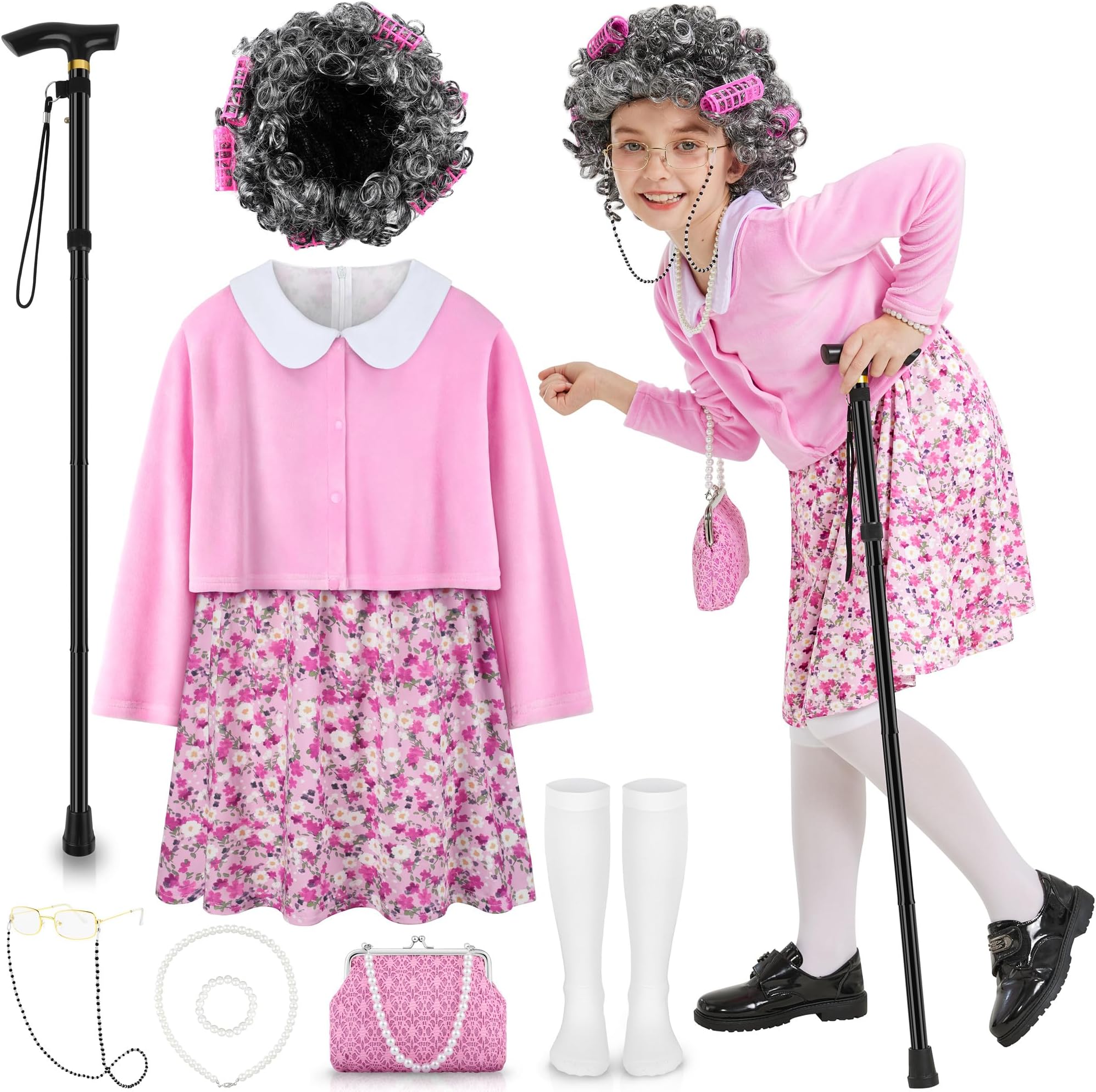 Old Lady Costume for Kids 100 Days of School Costume for Girls 100th Day of School Granny Old Lady Dress Up Accessory