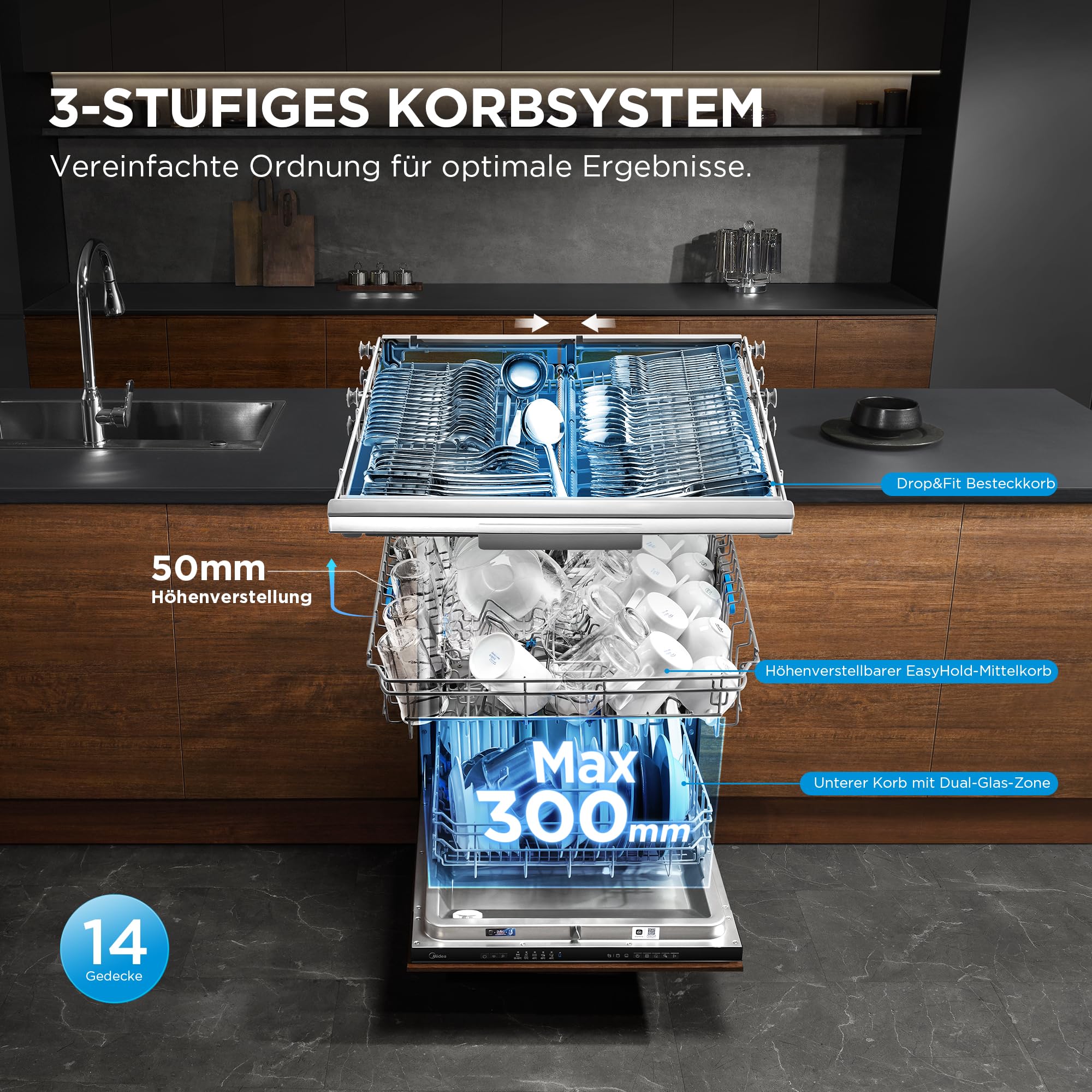 Midea Spülmaschine Vollintegriert 60 cm 14 Maßgedecke 42 dB Leise EEK A