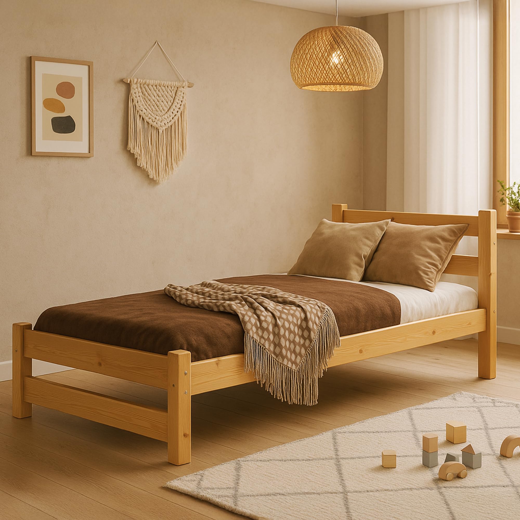 Kinderbett 90x180 cm mit Lattenrost - Einzelbett aus Kiefer Massivholz - Kinder Bett Montessori – Jugendbett – Tagesbett ohne Matratze