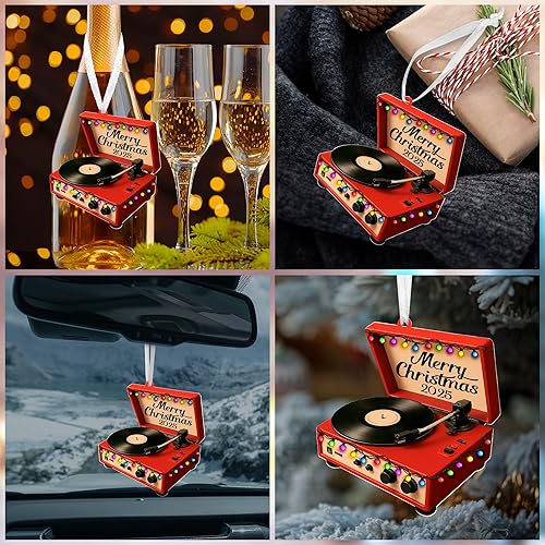 Miniatura 7 de GEEMBI Adorno de tocadiscos  Adornos acrílicos de Navidad 2025  Adornos de Navidad retro para árbol, regalos de música para mujeres y hombres,