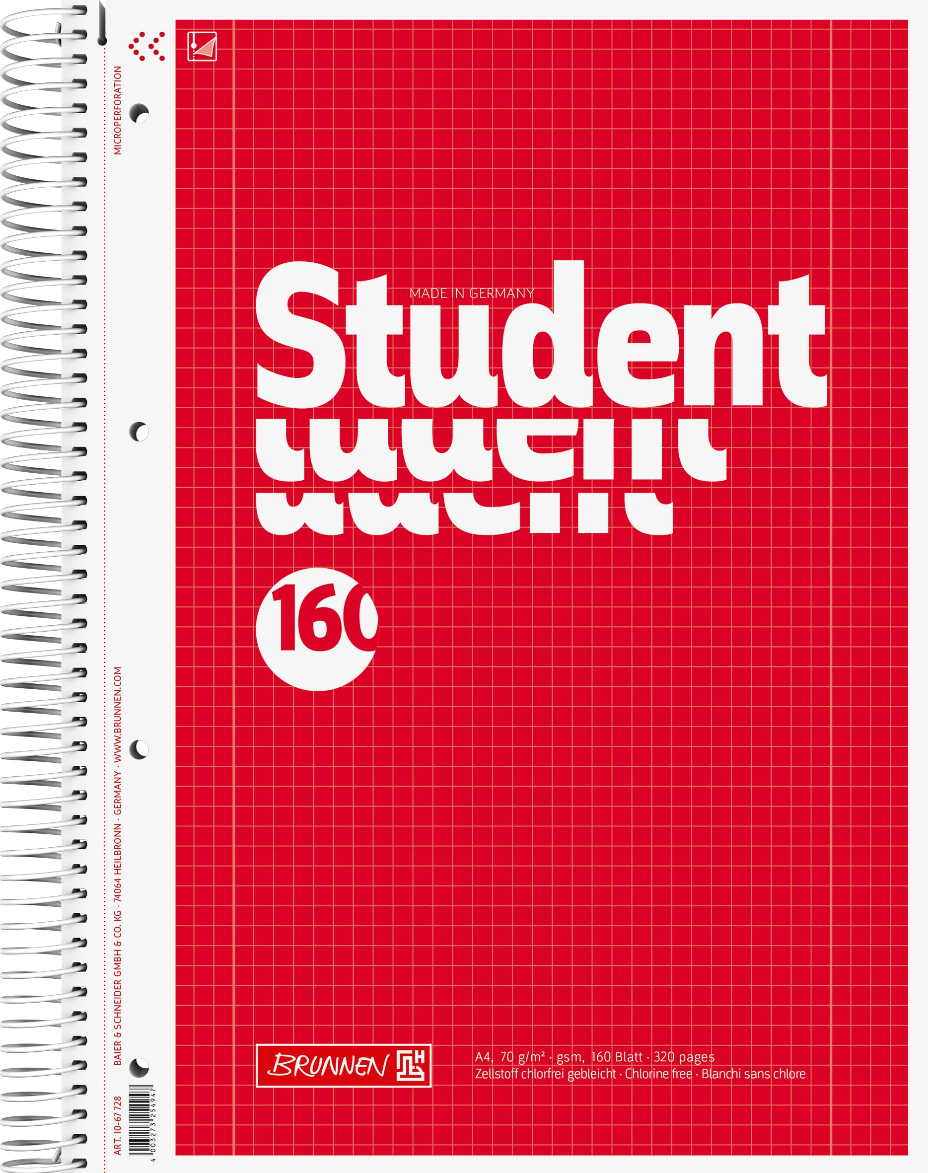 Brunnen Notepad, Wood-Free Paper, 70 g/m², A4, Square-Ruled with 2 Margins, 160 Sheets