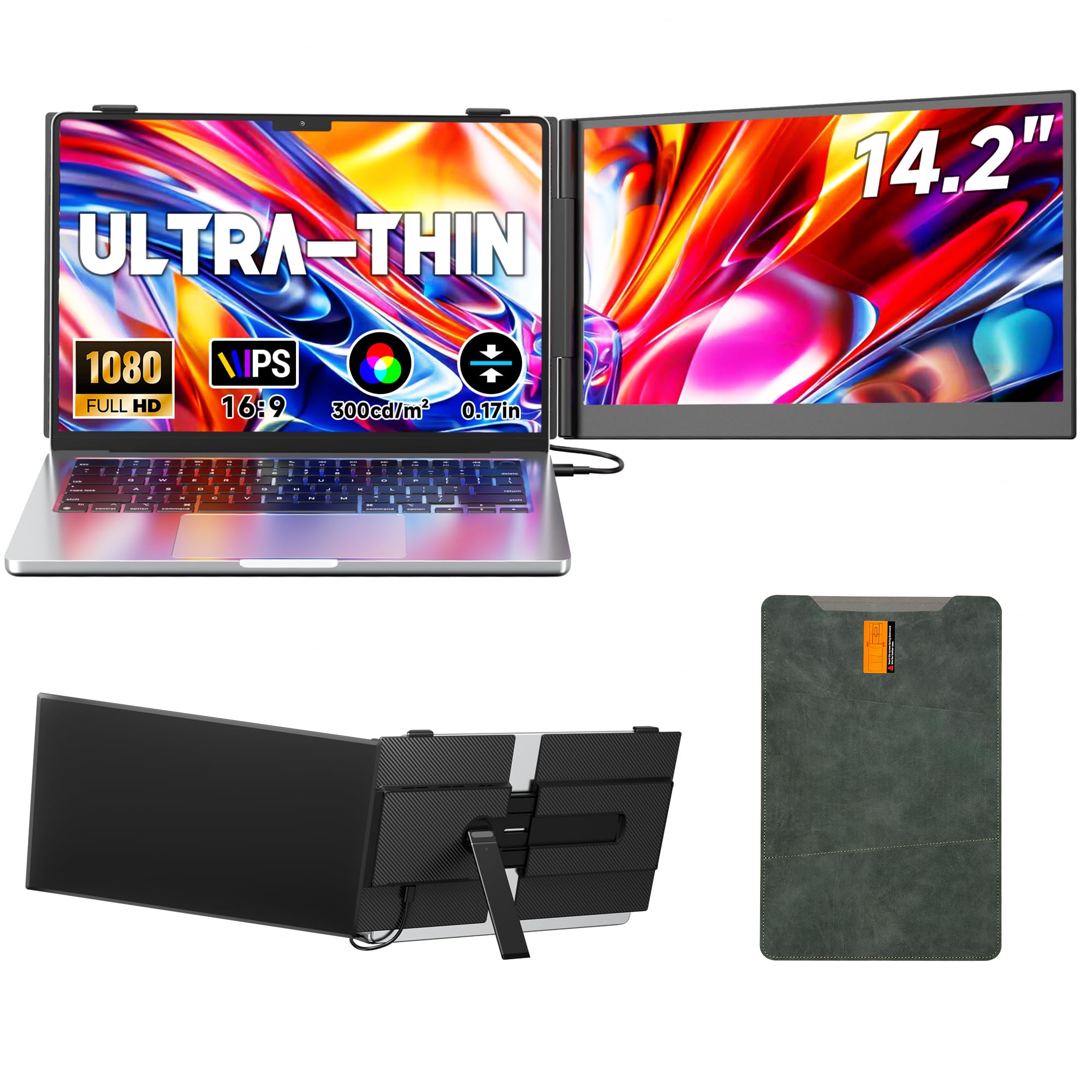 Laptop Screen Extender 0.17" Ultra-Thin, 14.2" FHD 1080P IPS Portable Monitor for Laptop, Dual Screen Travel Monitor Extender Suitable for 13"-17.3"