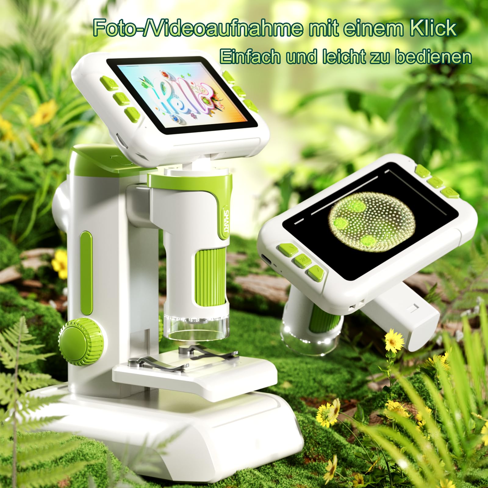 4,0" IPS Digital Mikroskop 1600X, 1080P Tragbares Handmikroskop mit Foto- und Videoaufzeichnung, 32 GB Karte, LED-Licht, Objektträgerproben, Wiederaufladbar USB-Mikroskop für Kinder/Erwachsene