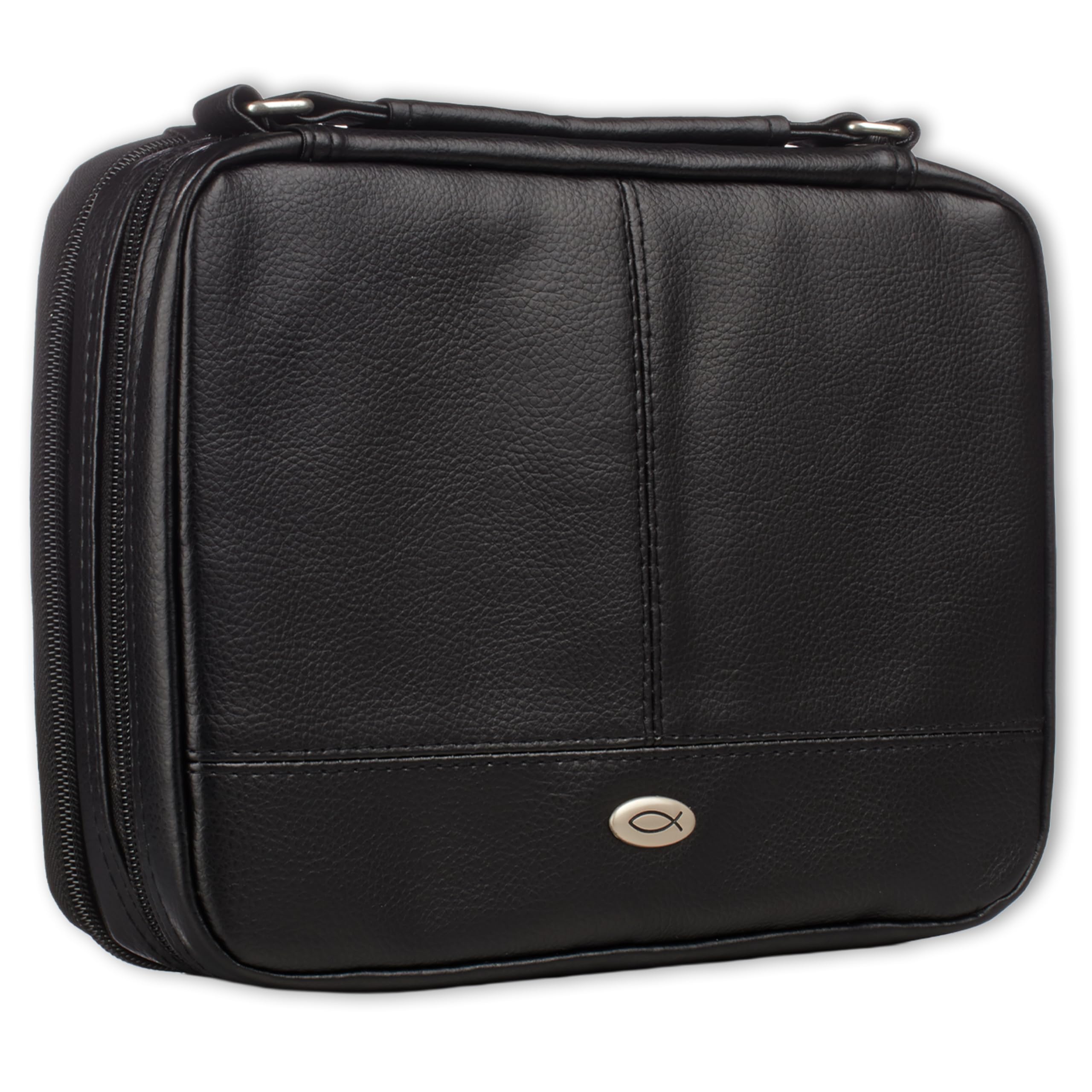 Christian Art Gifts Faux Leather Bible Cover for Men and Women | Ichthus Jesus Fish Emblem Zippered Two-Fold Organizer Case for Bible or Book w/Handle