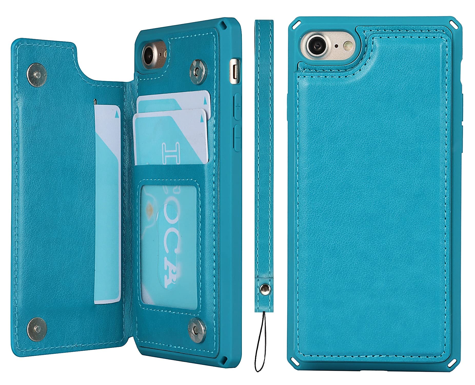 Icovercase - Custodia A Portafoglio Per Iphone Se (2°) 2020/7/8, Con Supporto Per Carte Di Credito, Blocco Rfid, In Pelle Pu, Con Supporto Magnetico, Antiurto, Con Cinturino Da Polso, Per Uomo E Donna, Colore: Blu-image