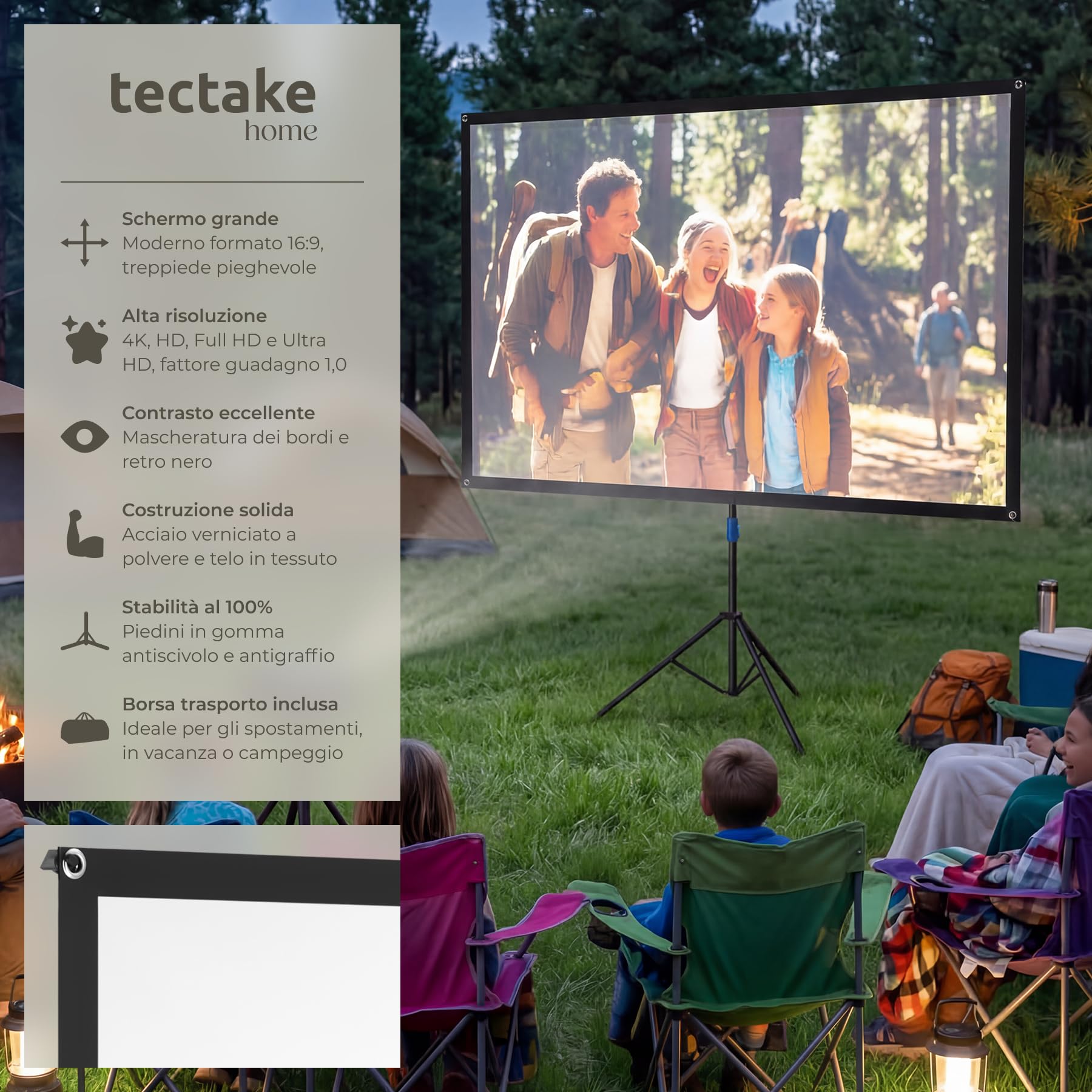 tectake® Telo Proiettore con Treppiede 16:9 4K HD, 160 x 90 cm, 72", Schermo Proiettore Regolabile, Borsa Trasporto, Schermo Portatile Cinema Home Theatre, telo per proiettore per casa ufficio scuola