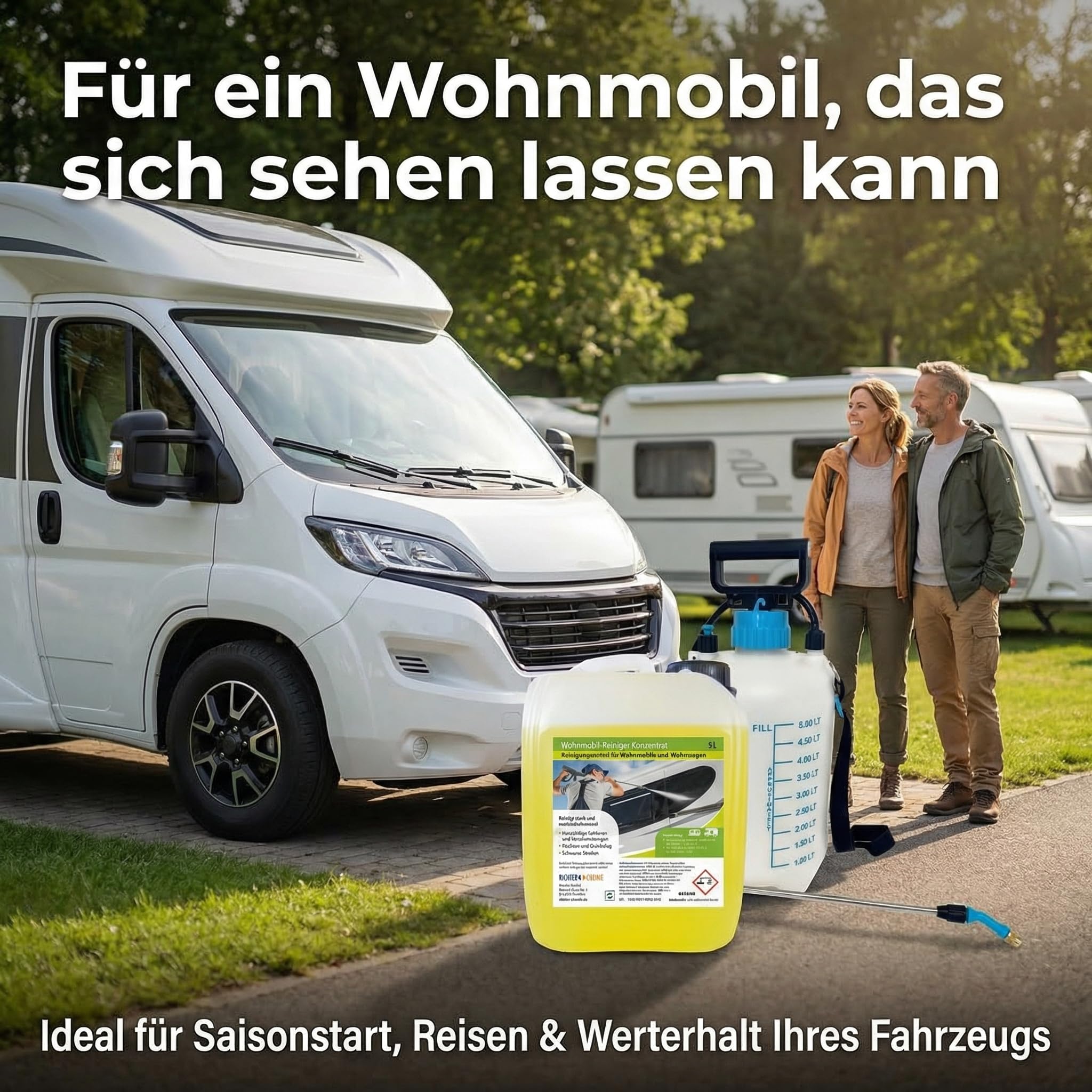 Richter Chemie Wohnwagenreiniger außen Konzentrat, Wohnmobil Außenreiniger & Caravanreiniger, 5L Kanister + Drucksprüher mit Lanze, bis 1:10 mischbar, ca. 50L