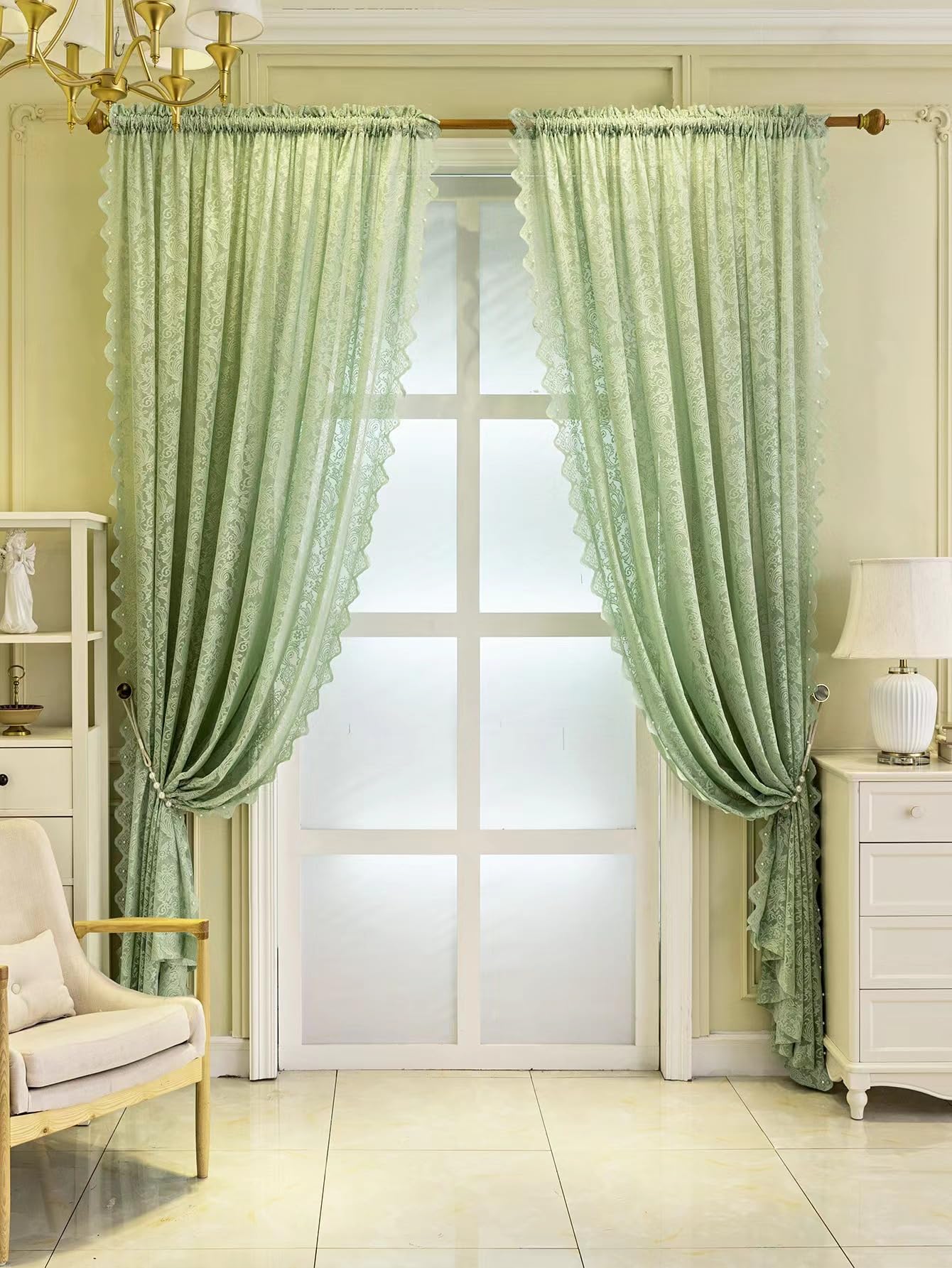 F-CHU Voile Curtains 54 drop Gothic Net Curtain for Window Lace Curtain for Bedroom Kitchen Decor 2 Panels 55 W x 54 L Inch(140cm x 137cm) Green Curtains - Image 3