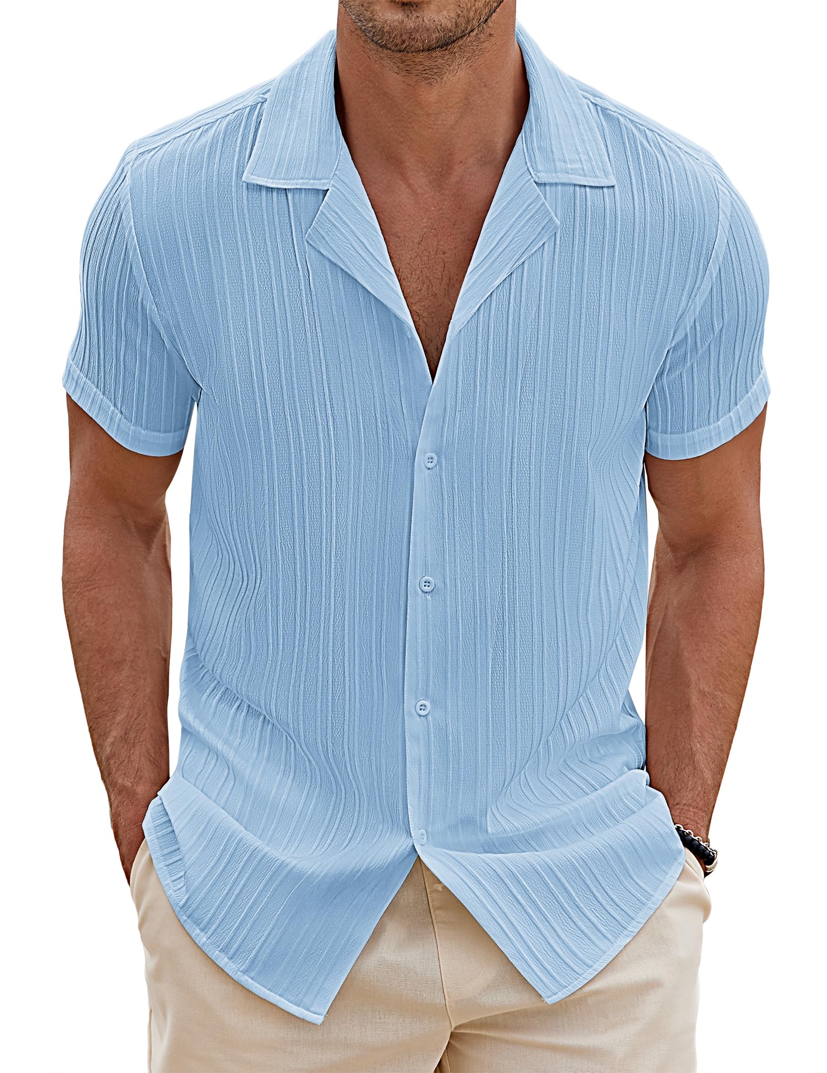 COOFANDY Herren Hemd Kurzarm Sommer Freizeithemd Kuban Kragen Hawaiihemd Gestreift Struktur Strand Hemden Guayabera Shirt