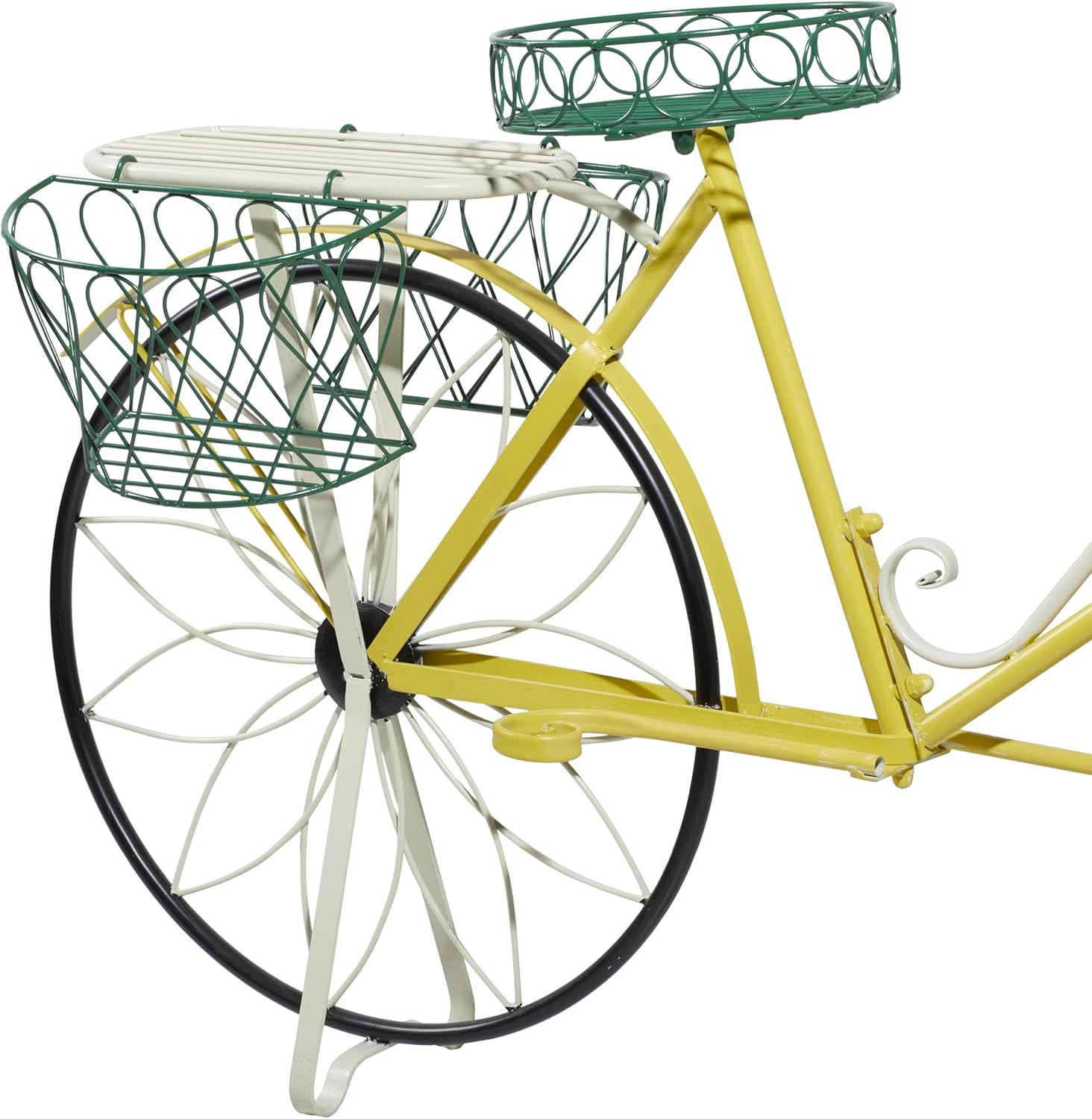 Yellow Iron Bicycle Plant Stand with Baskets and Saddle Bags
