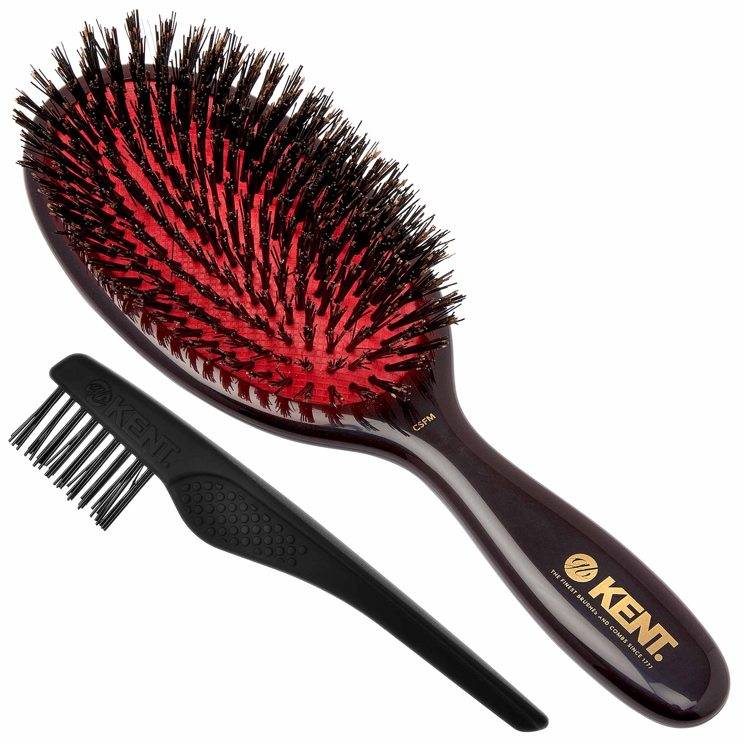 Kent CSFM Classic Shine Large Oval Cushion Straightening Brush and Hair Detangler - Natural Black Boar Bristle Hair Brush - Shine Hair Brush and Scalp