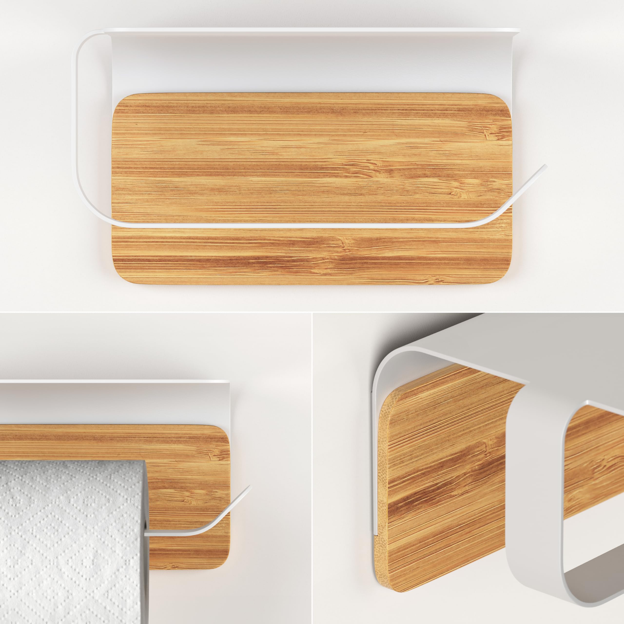 KAZAI.® Porte-Rouleau Papier Toilette Leif Avec Étagère - Fixation Murale Auto-Adhésive Sans Perçage - Acier Inoxydable & Bambou Véritable - Support Salle De Bain Blanc Mat