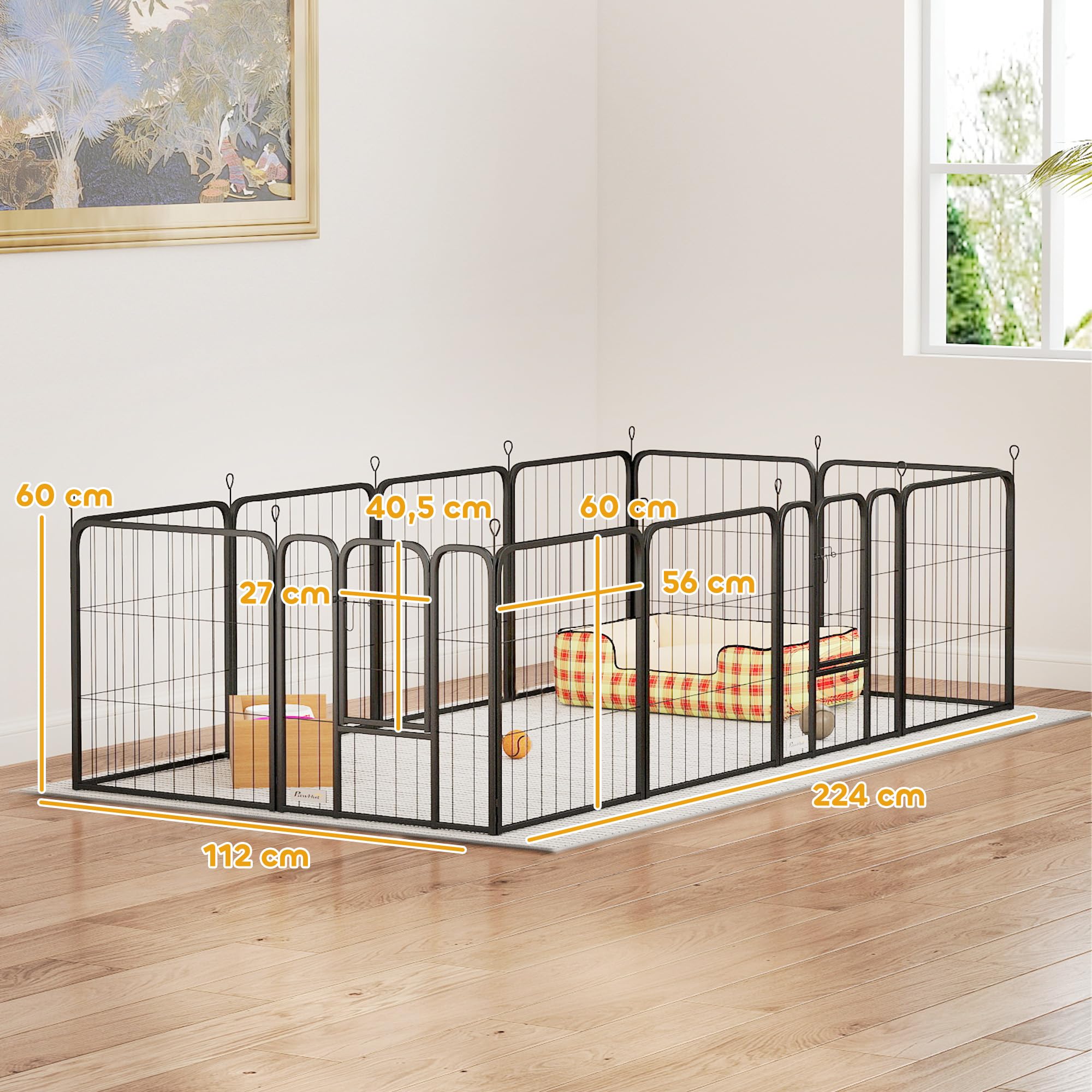 PawHut Recinto per cani 12 pannelli Recinto per cuccioli, 60 cm alto Nero | Recinto per cani in acciaio per razze piccole