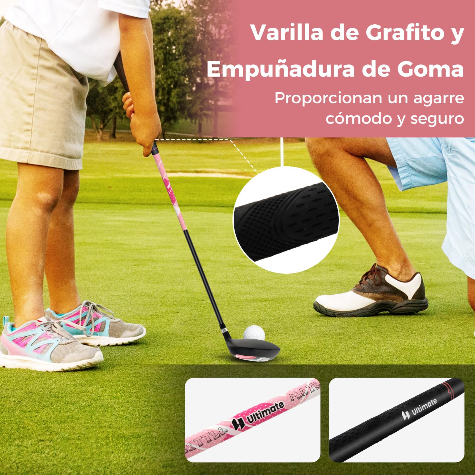 COSTWAY Juego de Palos de Golf para Niños de 8 a 10 Años, Incl. Bolsa de Soporte con Capucha para Lluvia, Driver n.º 1, Hierros y Putter n.º 7#S para Niños y Niñas, Diestros