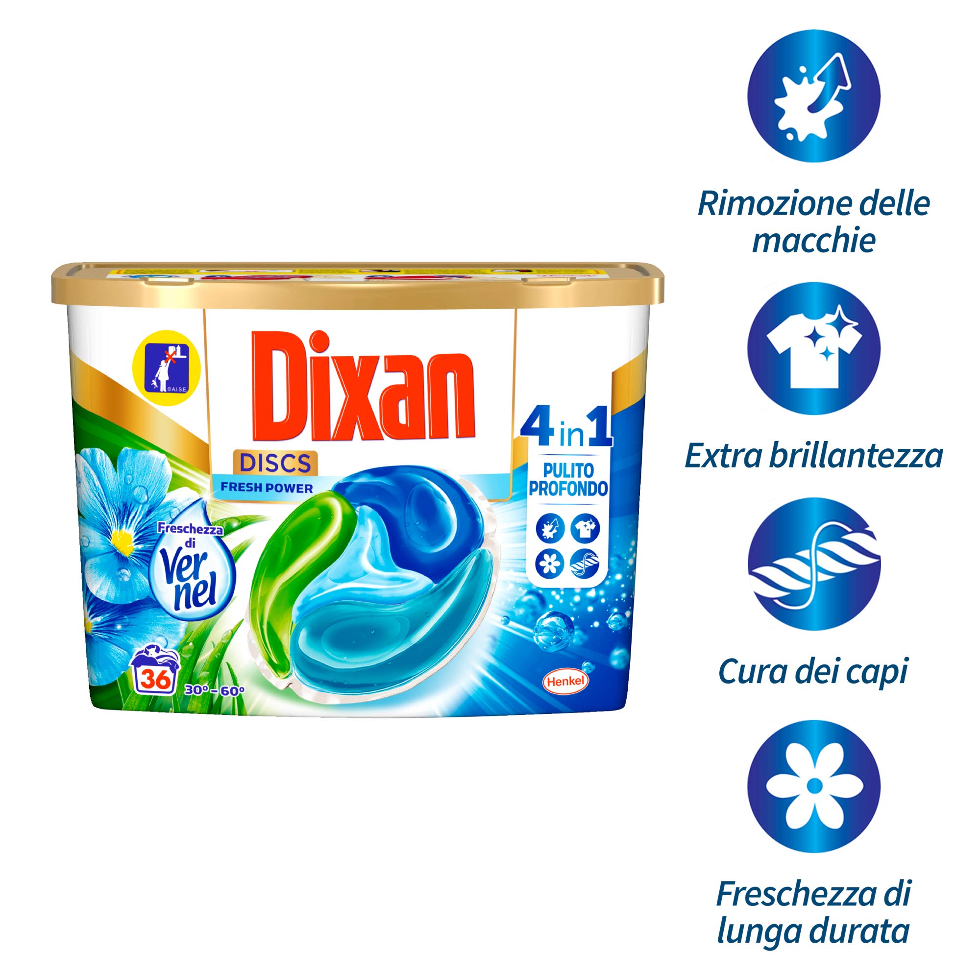 Dixan Discs Freschezza Di Vernel, Detersivo Lavatrice Predosato In Capsule, confezione da 3X36 Lavaggi (118 lavaggi), 2700 Gr