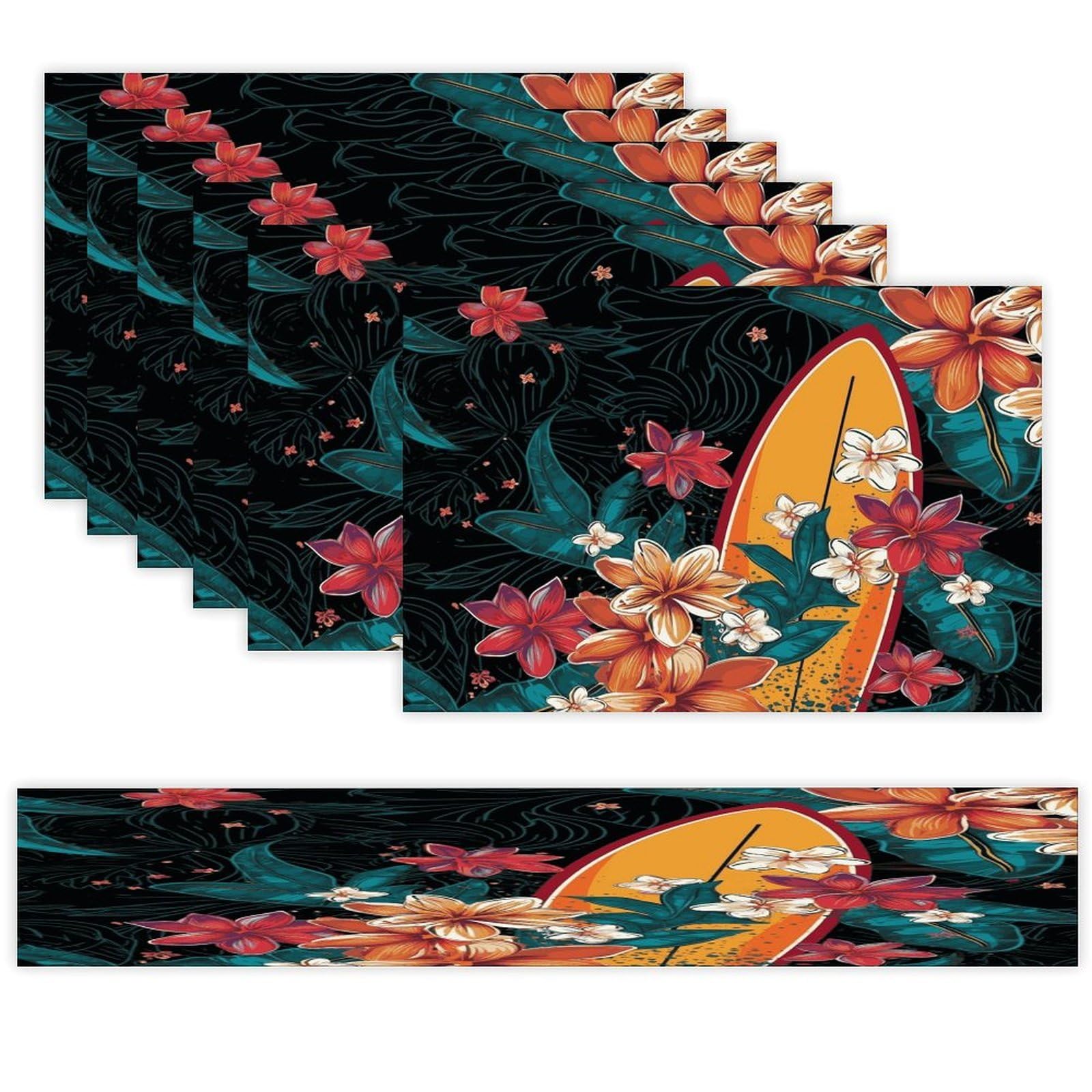 Surfboard and Flowers Table Runner and Placemats Set of 6 for Kitchen Washable Table Mats Heat Resistant Place Mats Non-Slip Place Mat Wipeable Placemat(6 Placemats+1 Table Runner)