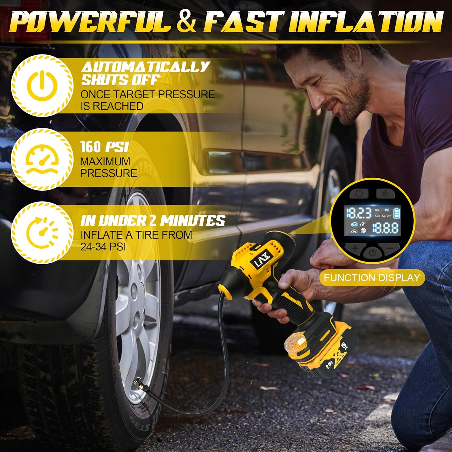 Tire Inflator Portable Air Compressor for DeWalt 20v Max Battery Power,160PSI Cordless Portable Electric Air Pump with Digital Pressure Gauge for Car Motorcycles Bike Sport Ball Auto(no battery) - Image 3