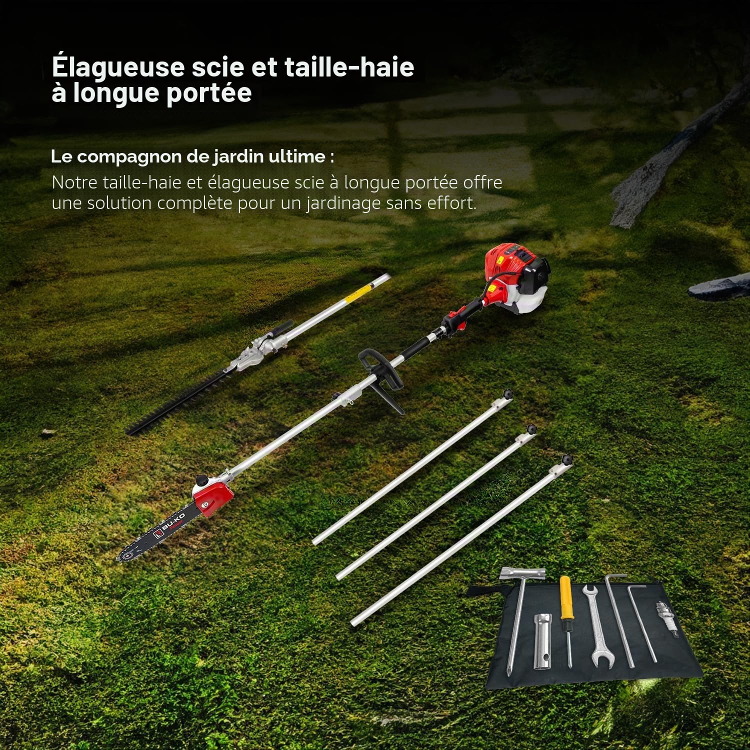 BU-KO 52cc Taille-haie et sécateur à Essence Longue portée avec Manche d'extension de 3 x 75 mm, Outil de Jardinage Ultime pour Couper de précision, Tailler Les Haies et Tailler avec facilité
