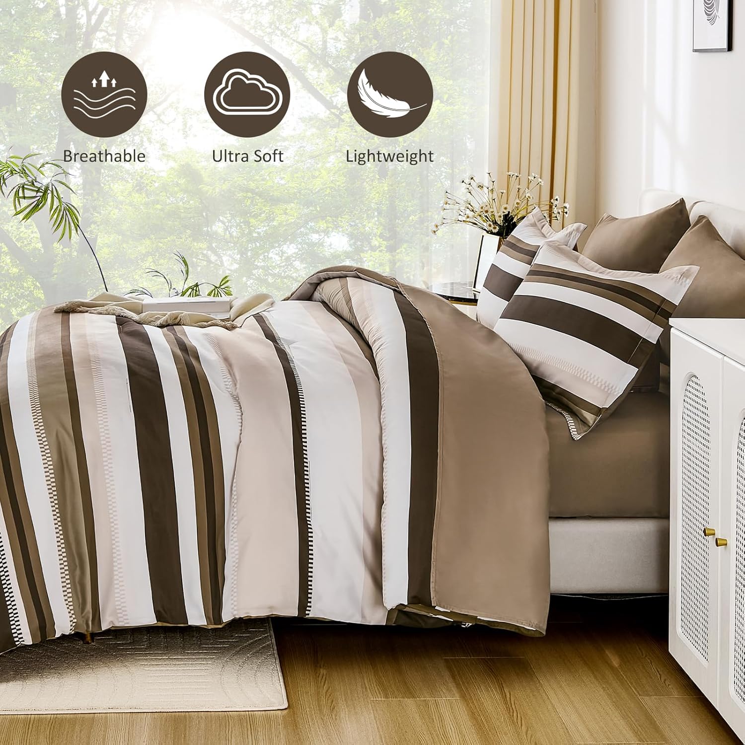WONGS BEDDING King Size Comforter 7 Pieces, Brown King Comforter Set with Sheets, Striped Bed in a Bag Boho Lightweight Bedding Set for All Seaon (104"×90") - Image 4
