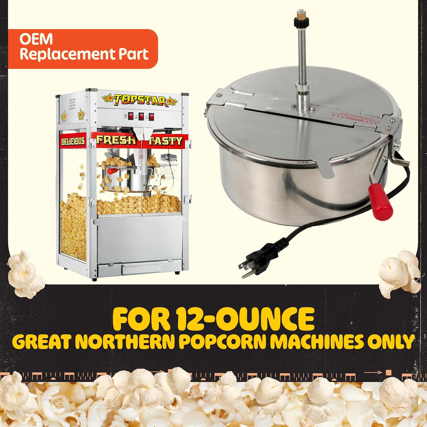 12 Oz Replacement Kettle for Popcorn Machine 1350W Kettle Popper with Lid, Stirrer, Gear Shaft, and 3-Prong Plug by Great Northern Popcorn